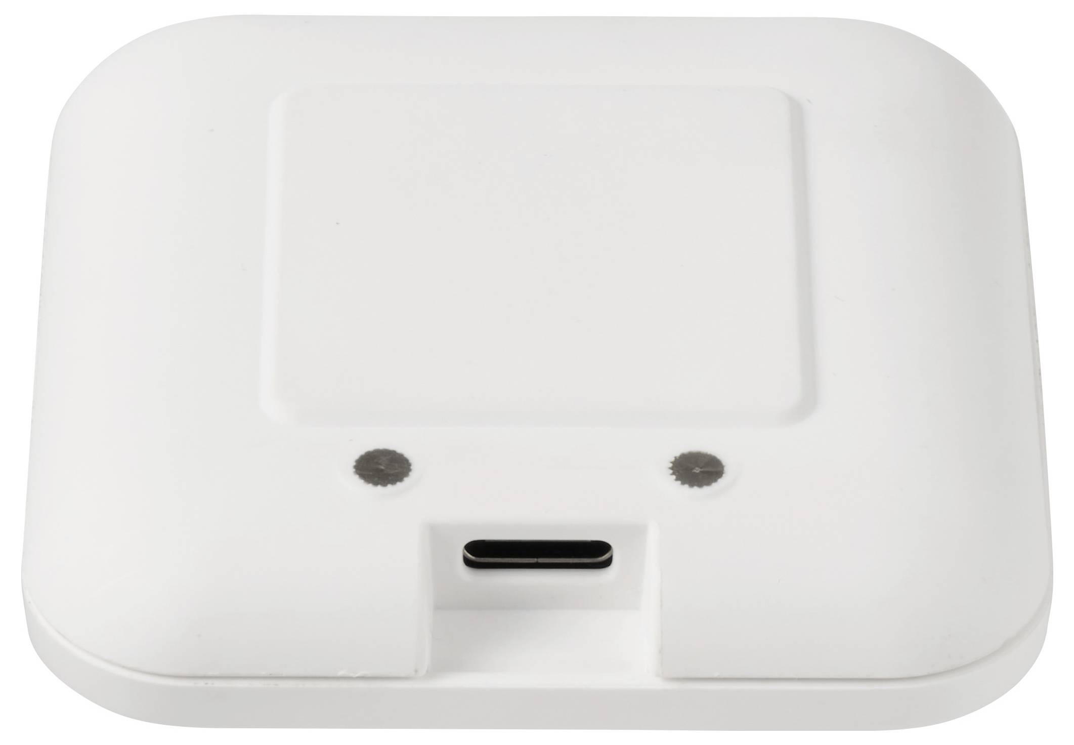 Ein quadratisches weißes Gerät mit einem USB-C-Anschluss in der Mitte. Das Design ist schlicht und minimalistisch.
