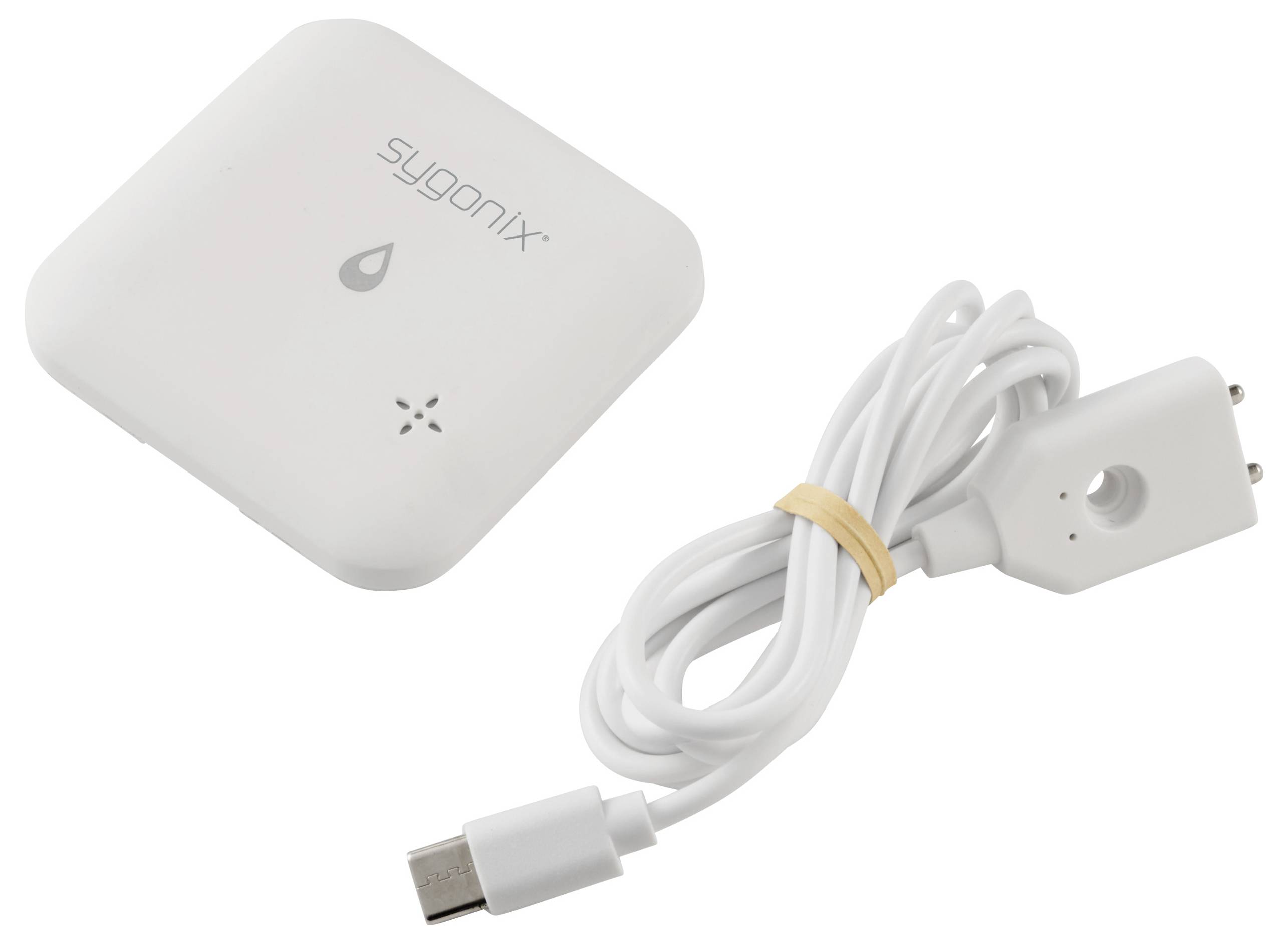 Ein weißer, quadratischer Feuchtigkeitssensor der Marke 'Sygonix' neben einem weißen Kabel mit USB-Anschluss.