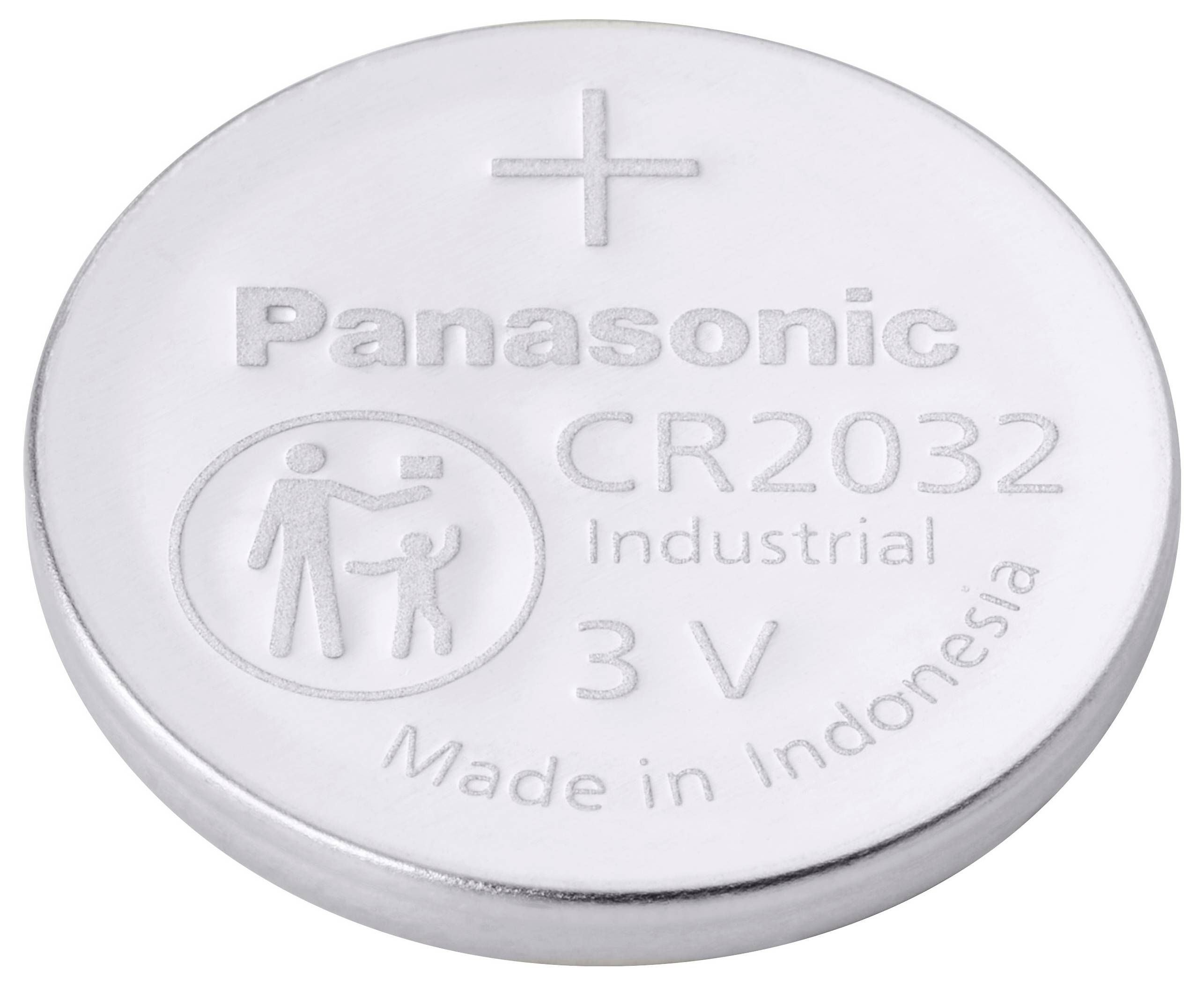 Eine runde silberne Panasonic CR2032 Lithium-Batterie, 3V, mit Kindersicherheits-Warnzeichnen, beschriftet mit 