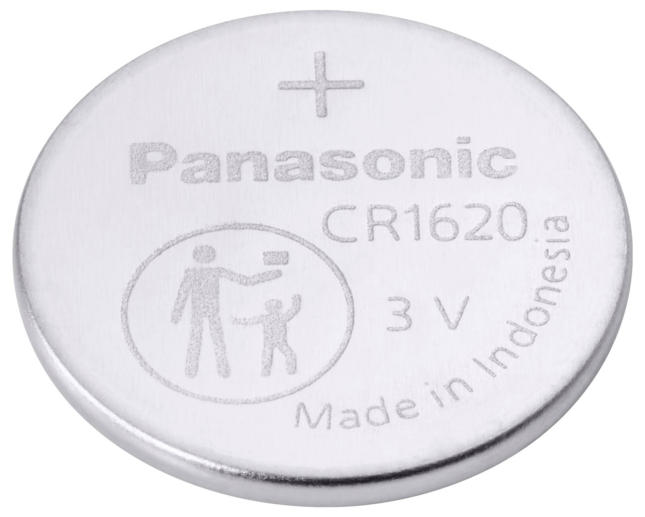 Eine runde, silberne Panasonic CR1620 Batterie mit Pluszeichen, 3V-Beschriftung, Kindersicherheitshinweis und dem Text 