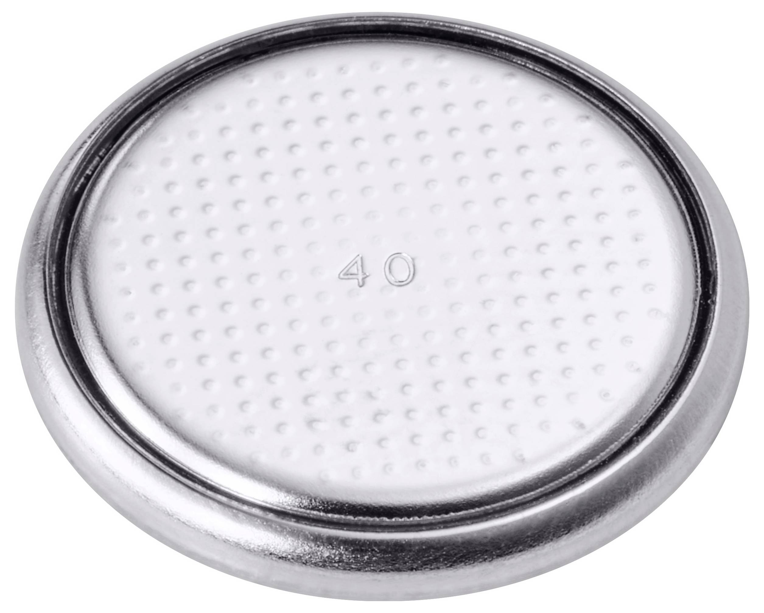 Ein silberfarbenes kreisförmiges Objekt mit einer weißen, strukturierten Oberfläche und der in der Mitte eingeprägten Zahl '40'.
