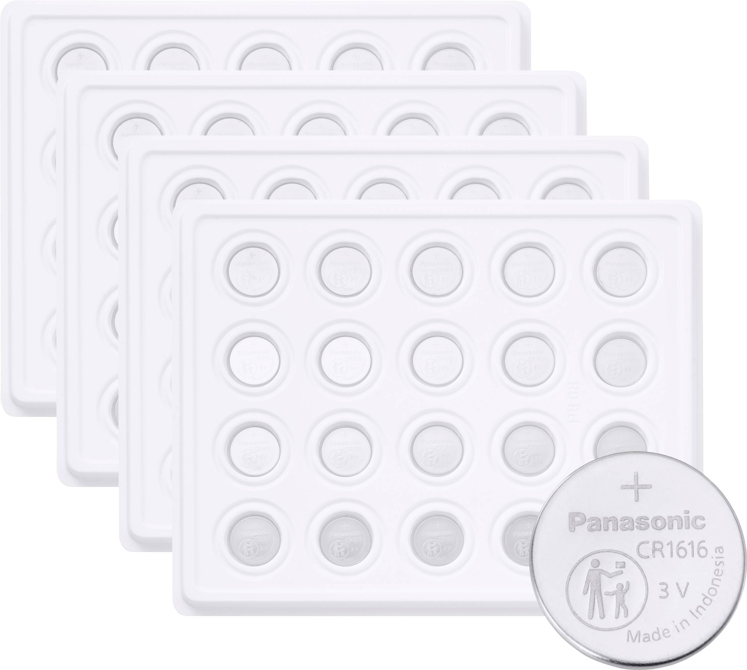 Vier Blisterpackungen enthalten jeweils 20 Panasonic CR1616 Lithiumbatterien. Jede Batterie ist mit 3V bewertet und in Indonesien hergestellt.