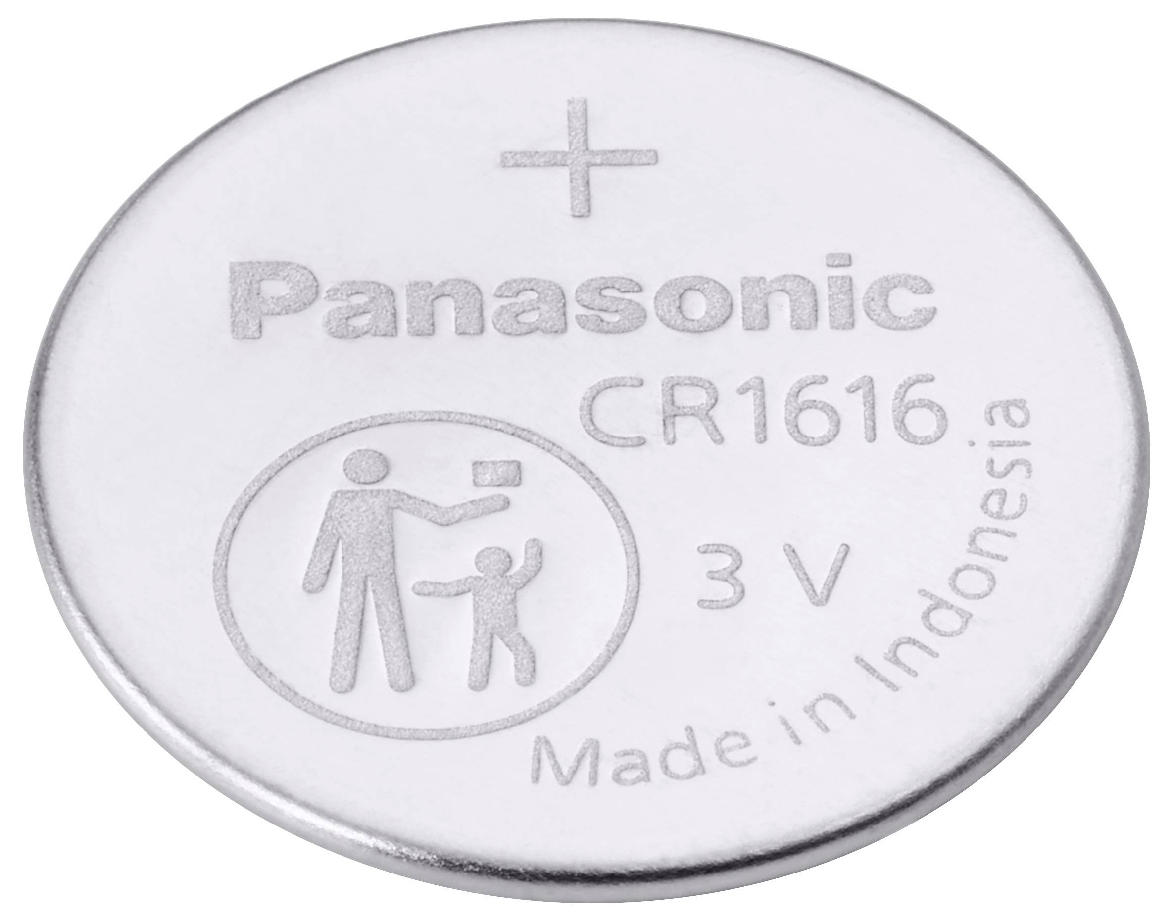 Eine Panasonic CR1616 Lithium-Knopfzelle, 3V, hergestellt in Indonesien. Das Bild zeigt ein Warnschild mit einer Person und einem Kind.