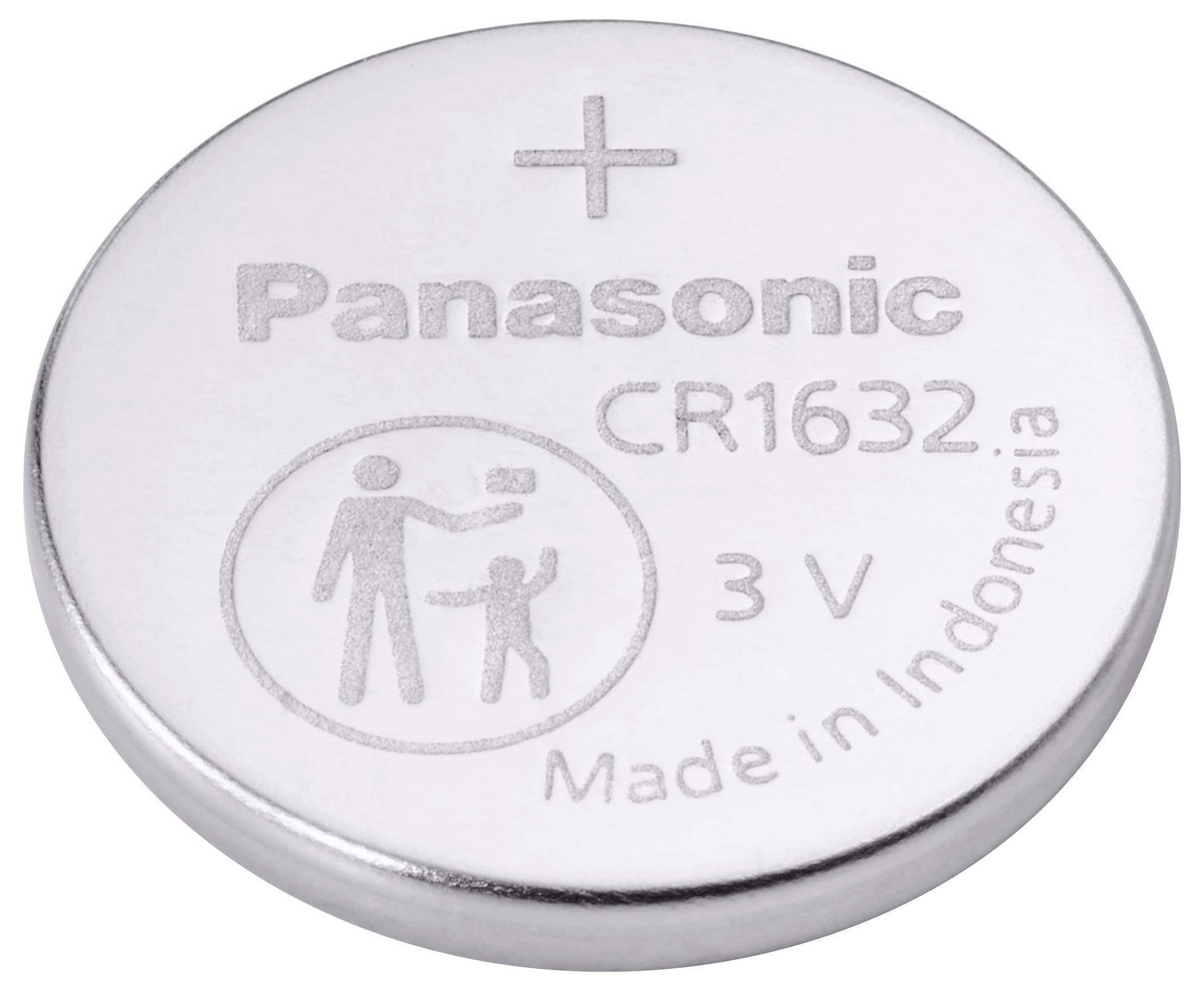 'Panasonic CR1632 3V Lithium-Knopfzelle, Hergestellt in Indonesien' mit einem Sicherheitswarnzeichen zum Aufbewahren außerhalb der Reichweite von Kindern.