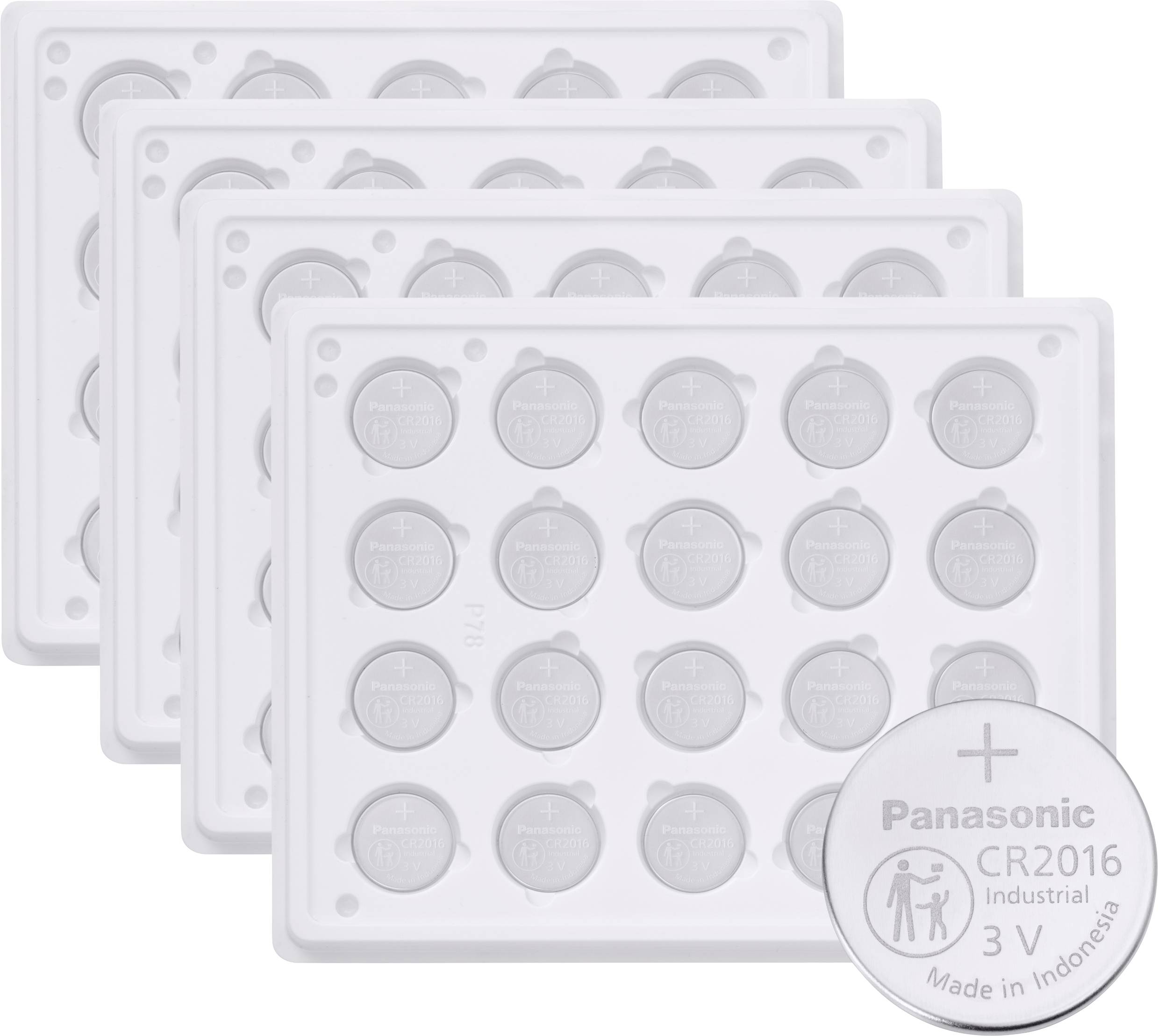 'Panasonic CR2016 Industrial 3V' Lithium-Batterien in vier Tabletts, wobei jedes Tablett 20 Batterien enthält, gekennzeichnet mit 'Made in Indonesia.'