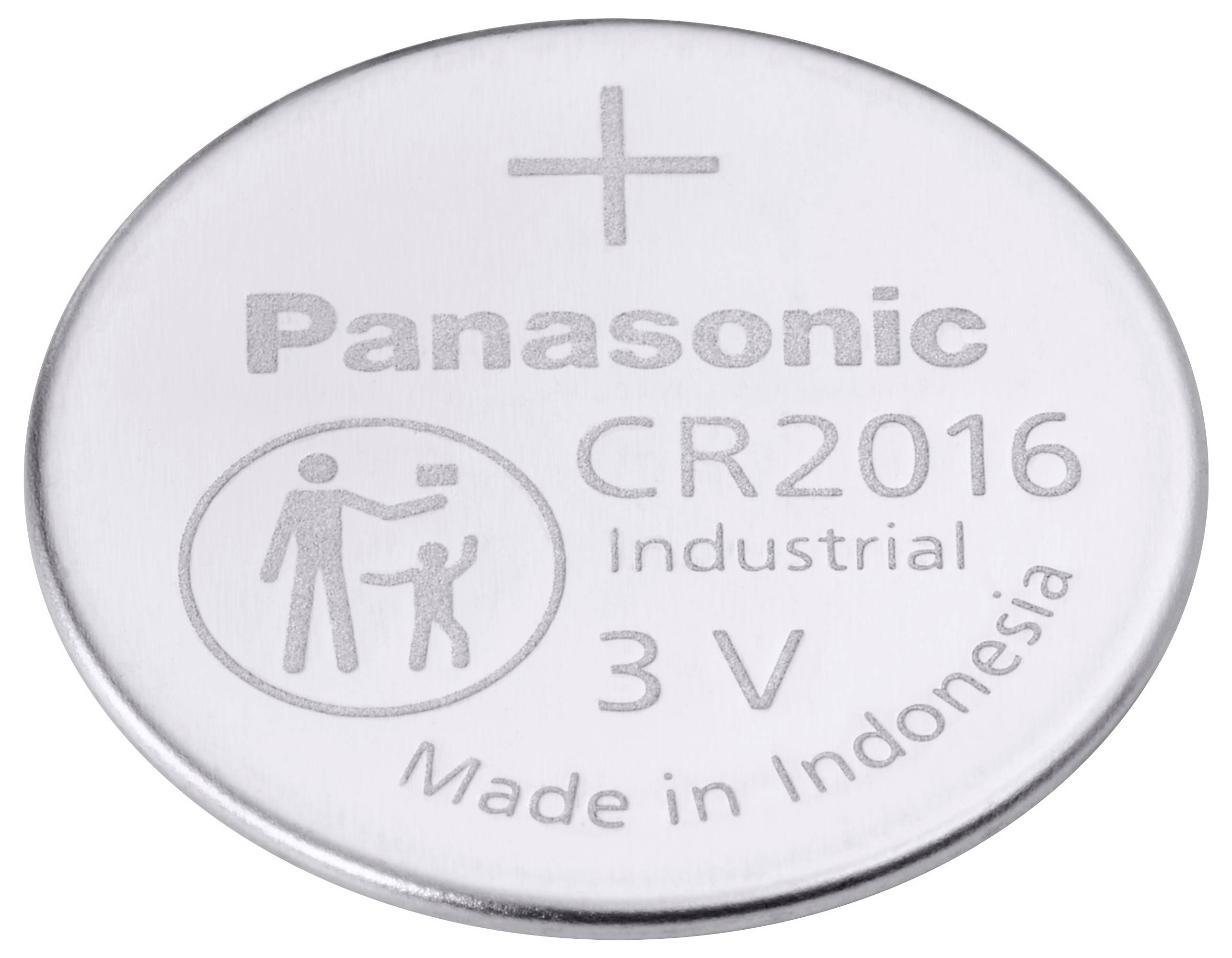 Eine silberne Panasonic CR2016 Lithiumbatterie, auf der '3 V Industrial, Made in Indonesia' steht, mit Kinderwarnzeichen, Pluspol nach oben.
