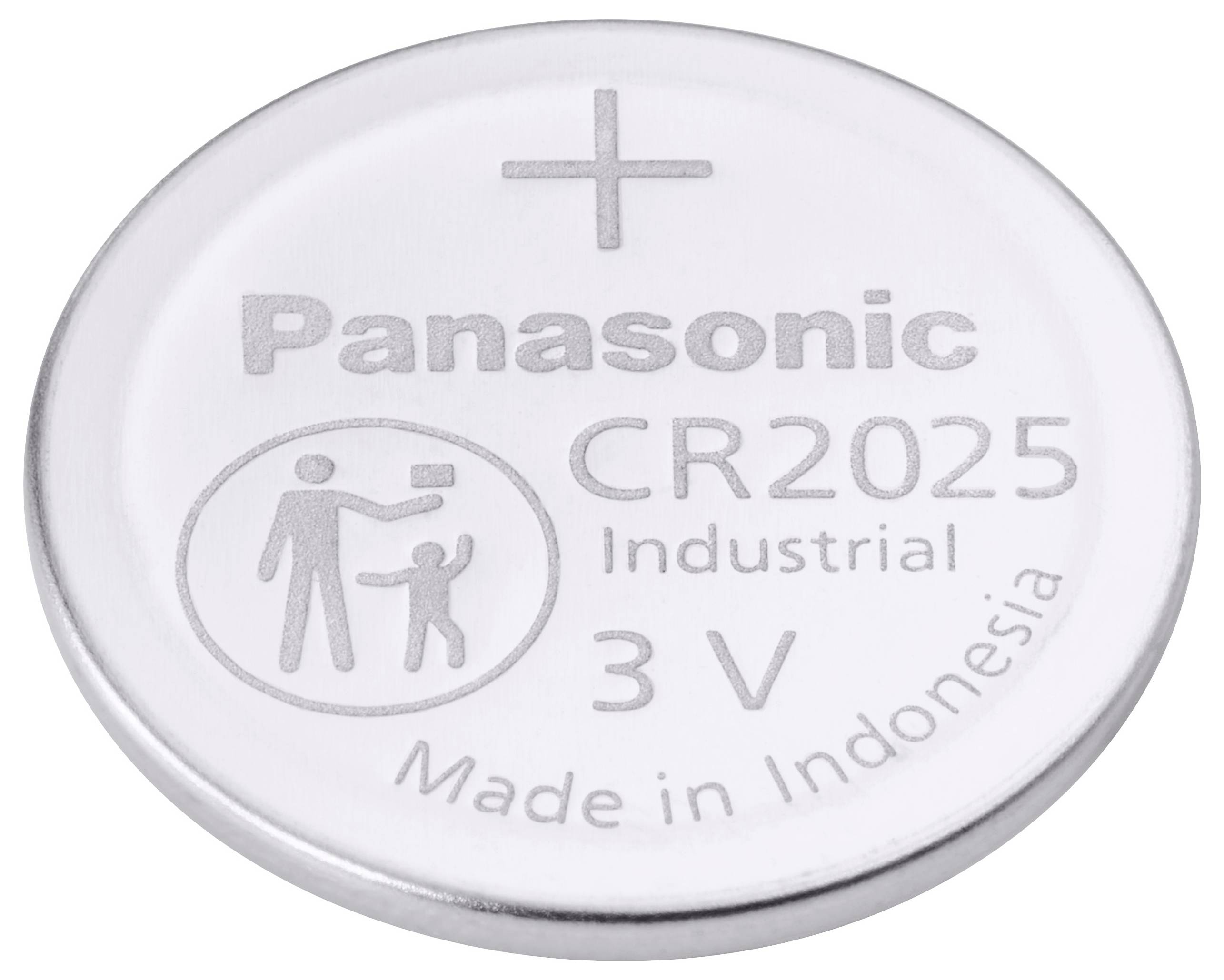 Eine runde Panasonic CR2025 3V Lithium-Batterie mit einem Pluszeichen, mit der Beschriftung „Industrial