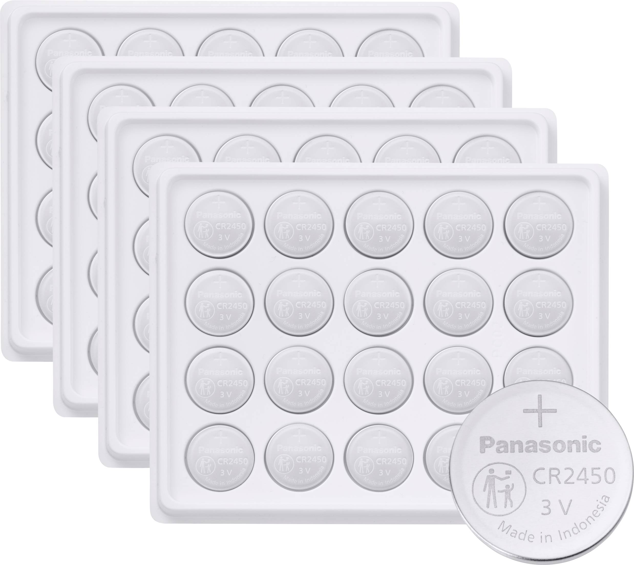 Vier Tabletts, die jeweils 20 Panasonic CR2450 3V-Lithiumbatterien enthalten, gekennzeichnet als in Indonesien hergestellt.
