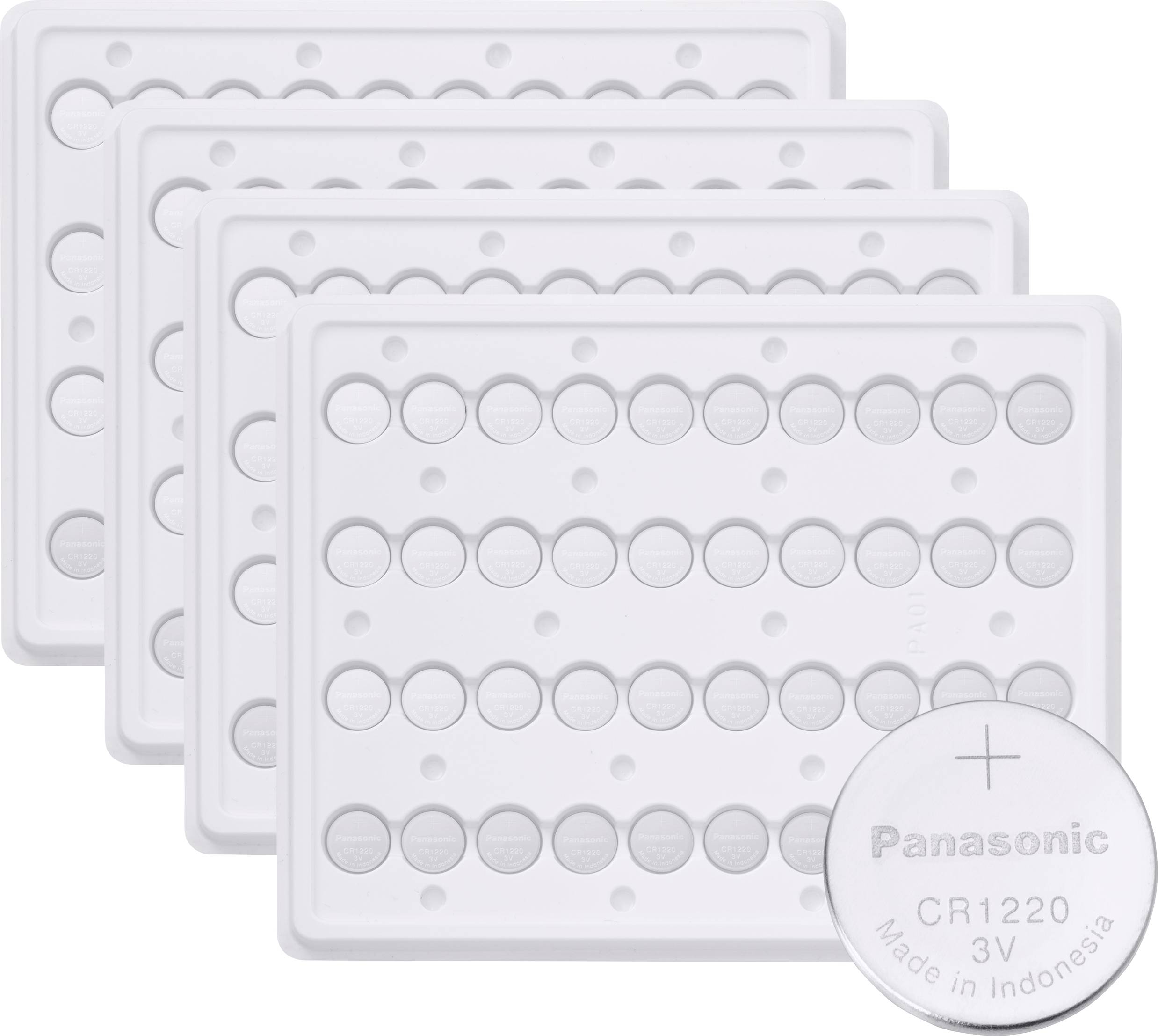 Panasonic CR1220 3V Batterien, Viererpack, in einem Raster angeordnet. Jede Batterie ist mit Herstellungsdetails beschriftet.