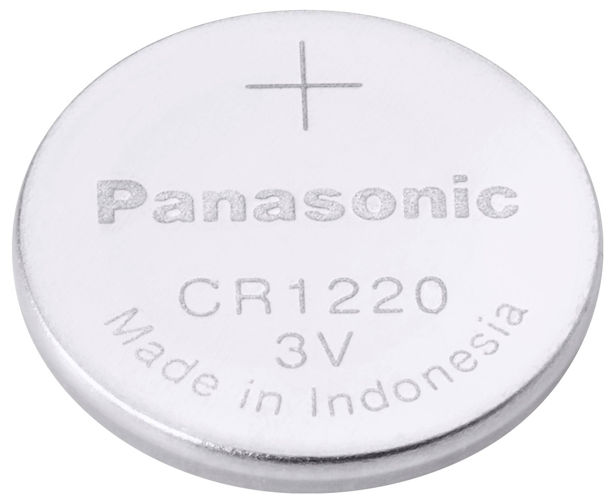 Eine silberne Panasonic CR1220 3V-Knopfzelle ist zu sehen, mit dem Text „Made in Indonesia