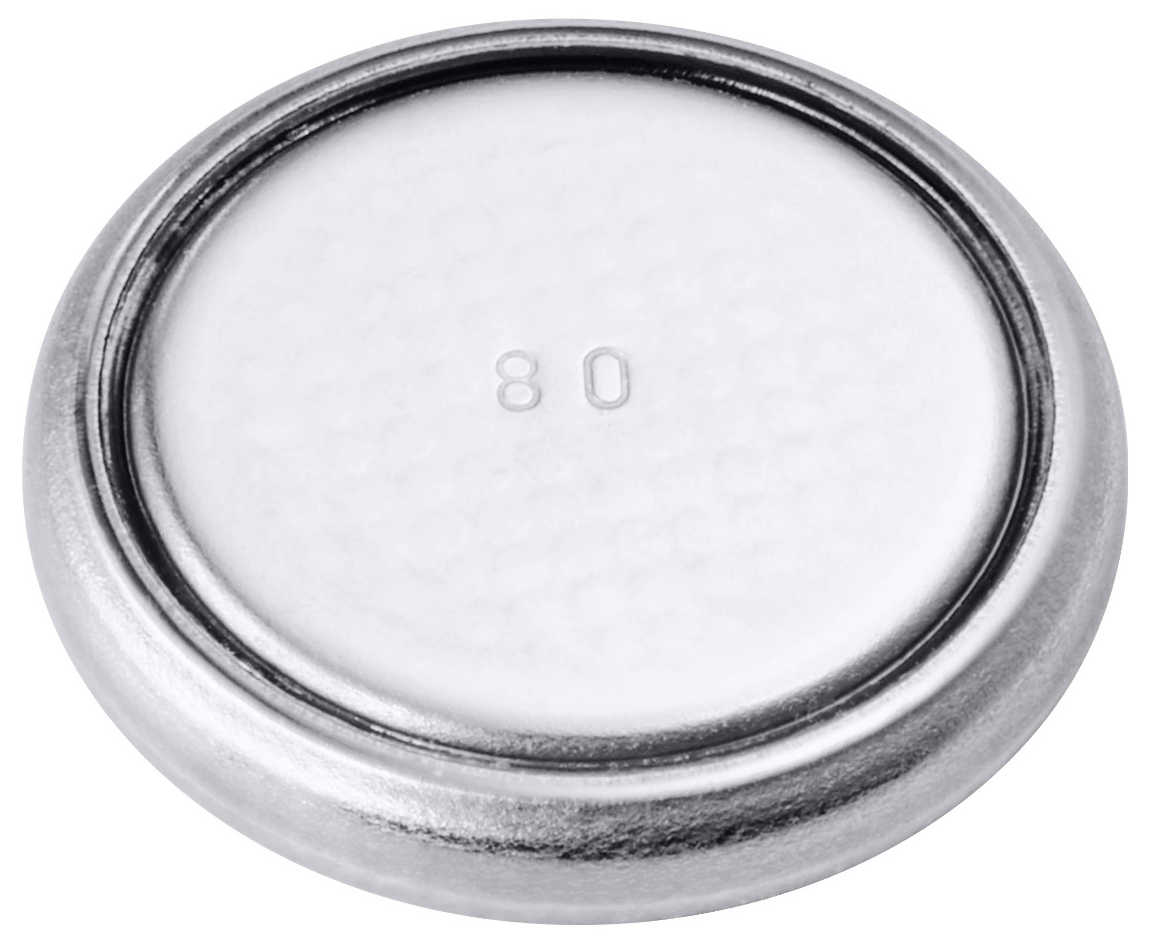 Eine Knopfzellenbatterie aus Silber mit der Zahl '80' auf ihrer Oberfläche, die üblicherweise in kleinen elektronischen Geräten verwendet wird.