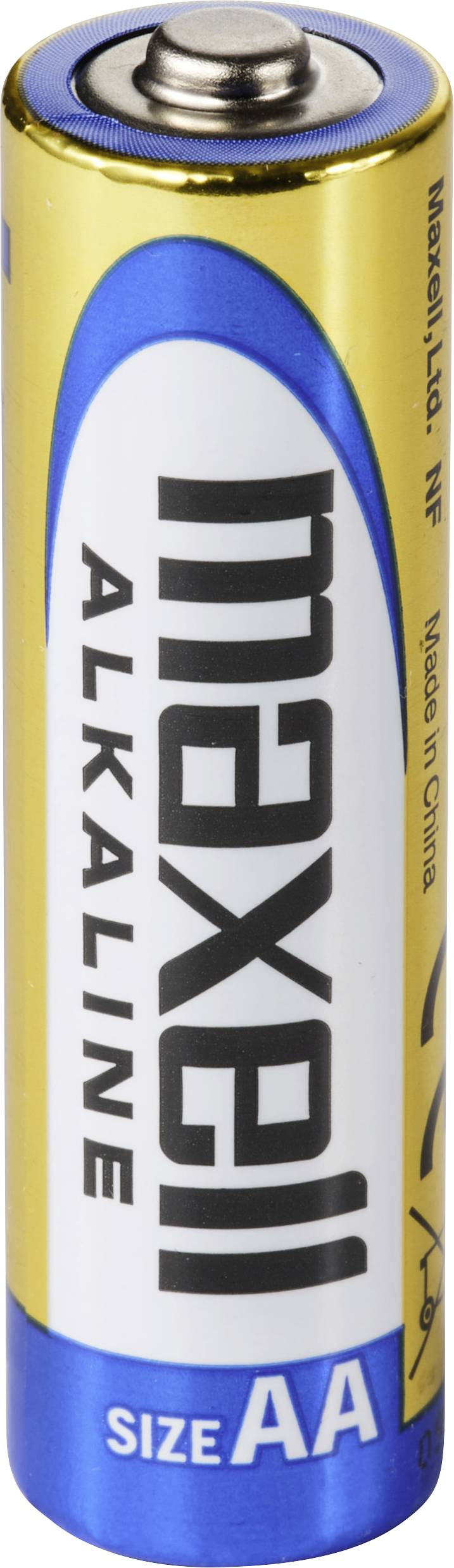 Eine Alkalibatterie der Marke Maxell in der Größe AA, gold und blau gefärbt, mit der Aufschrift 'Alkaline' und 'Size AA'.
