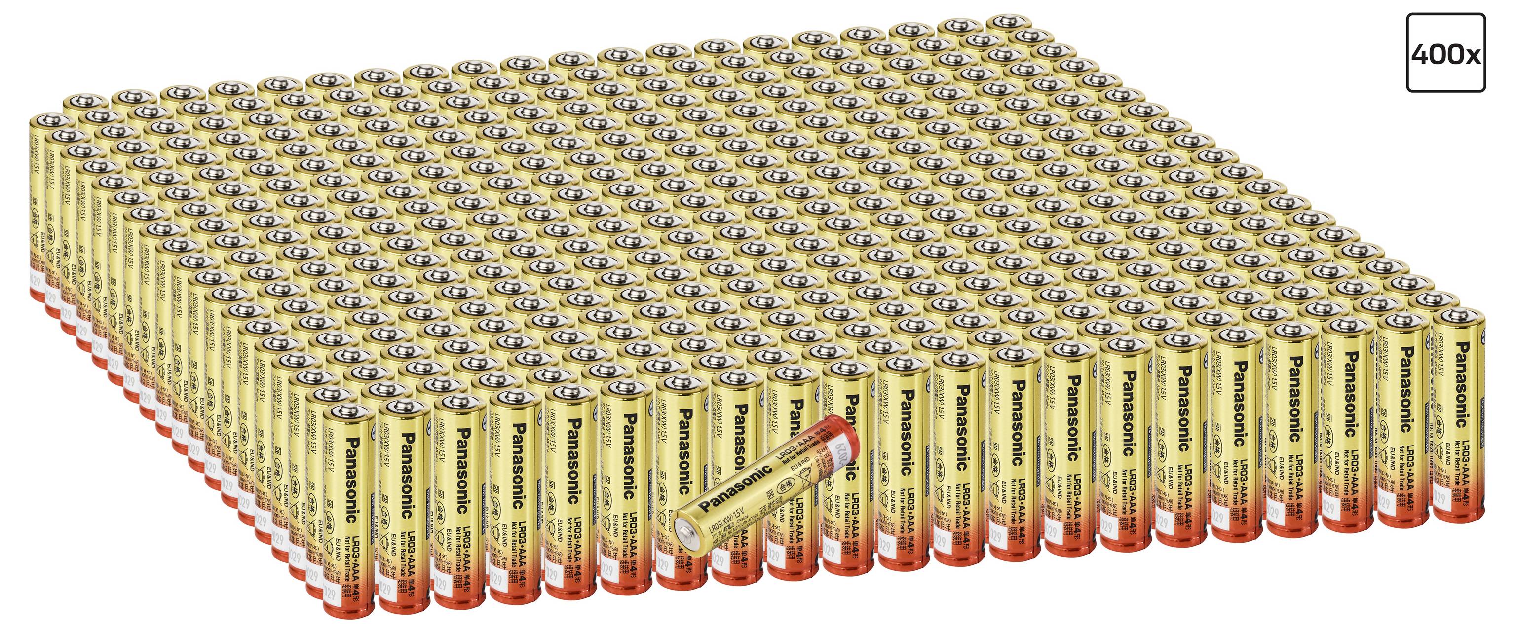 3D-Illustration eines großen gestapelten Arrays von AA-Batterien, gezeigt in perspektivischer Ansicht mit einer Batterie, die diagonal davor liegt; Beschriftung 