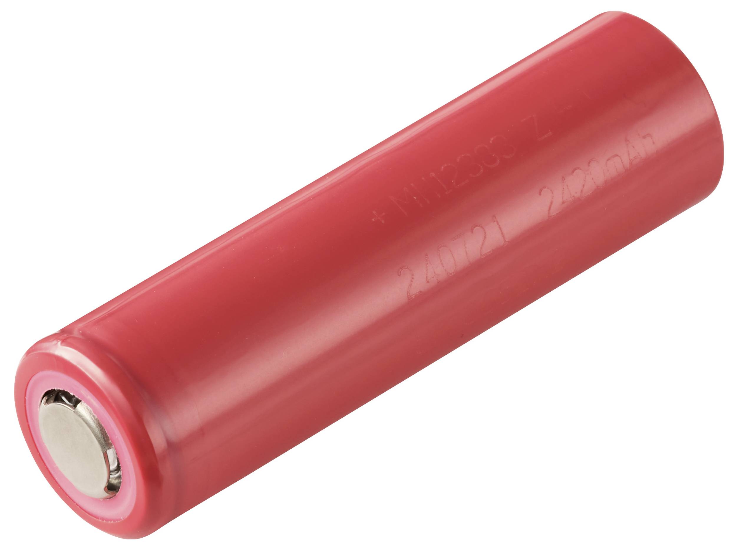 Rote, zylindrische Batterie in Nahaufnahme auf weißem Hintergrund.