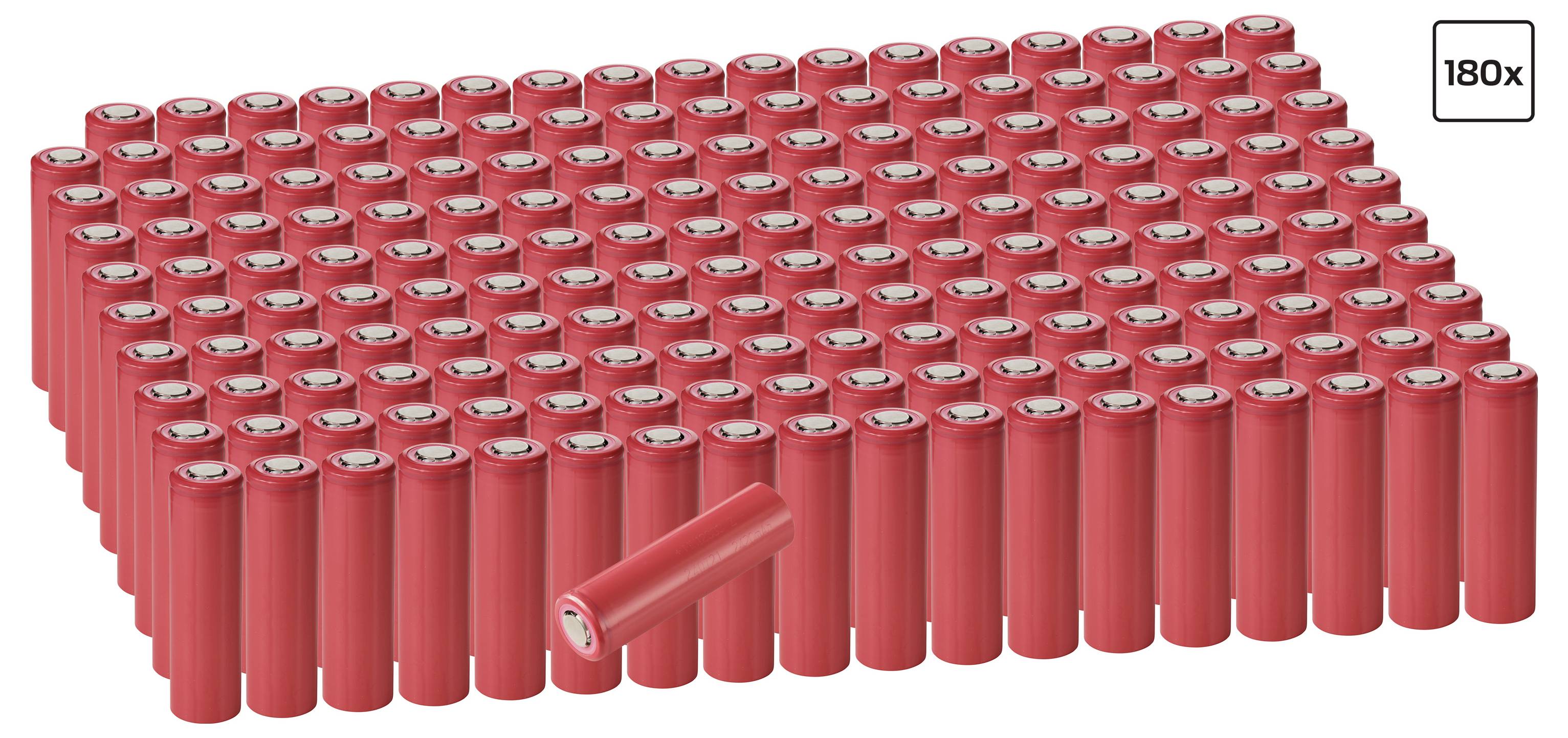Illustration eines großen Arrays aus roten zylindrischen Batterien, wobei eine Batterie nach vorne geneigt ist und ein kleines Label 