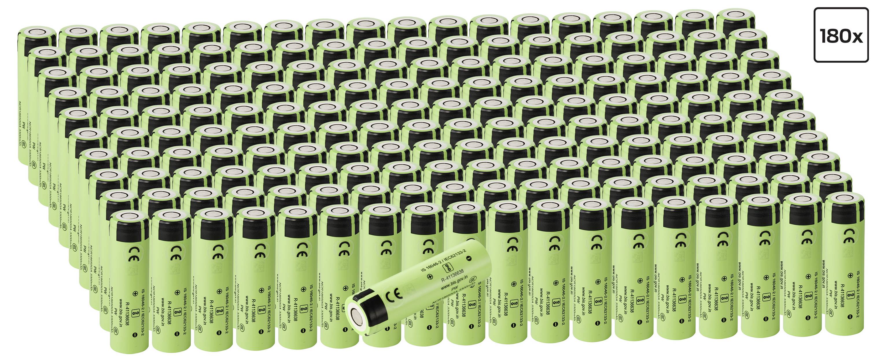 Viele identische grüne Batterien in Reihen und Spalten angeordnet, mit einer Batterie diagonal davor liegend; das Etikett zeigt „180x