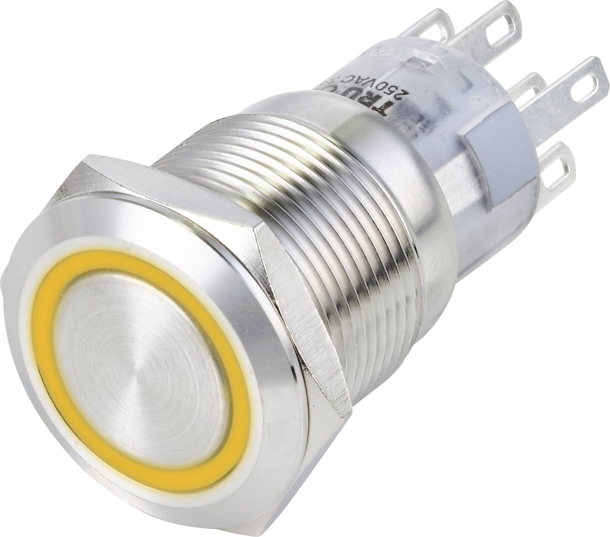 Ein großer runder Metallknopf mit gelbem LED-Ring, geeignet für elektronische Geräte mit einer Spannung von maximal 250 V Wechselstrom.