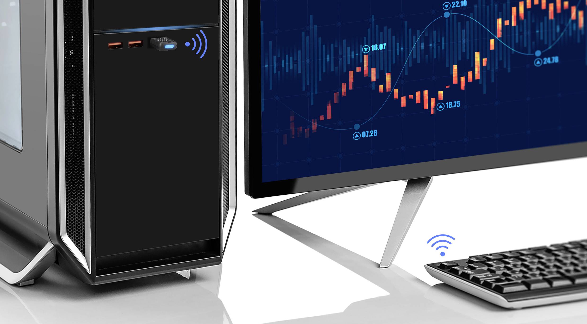 Ein Computer mit einem Monitor zeigt ein Diagramm mit Finanzdaten und Kurven. Eine Tastatur ist daneben positioniert.