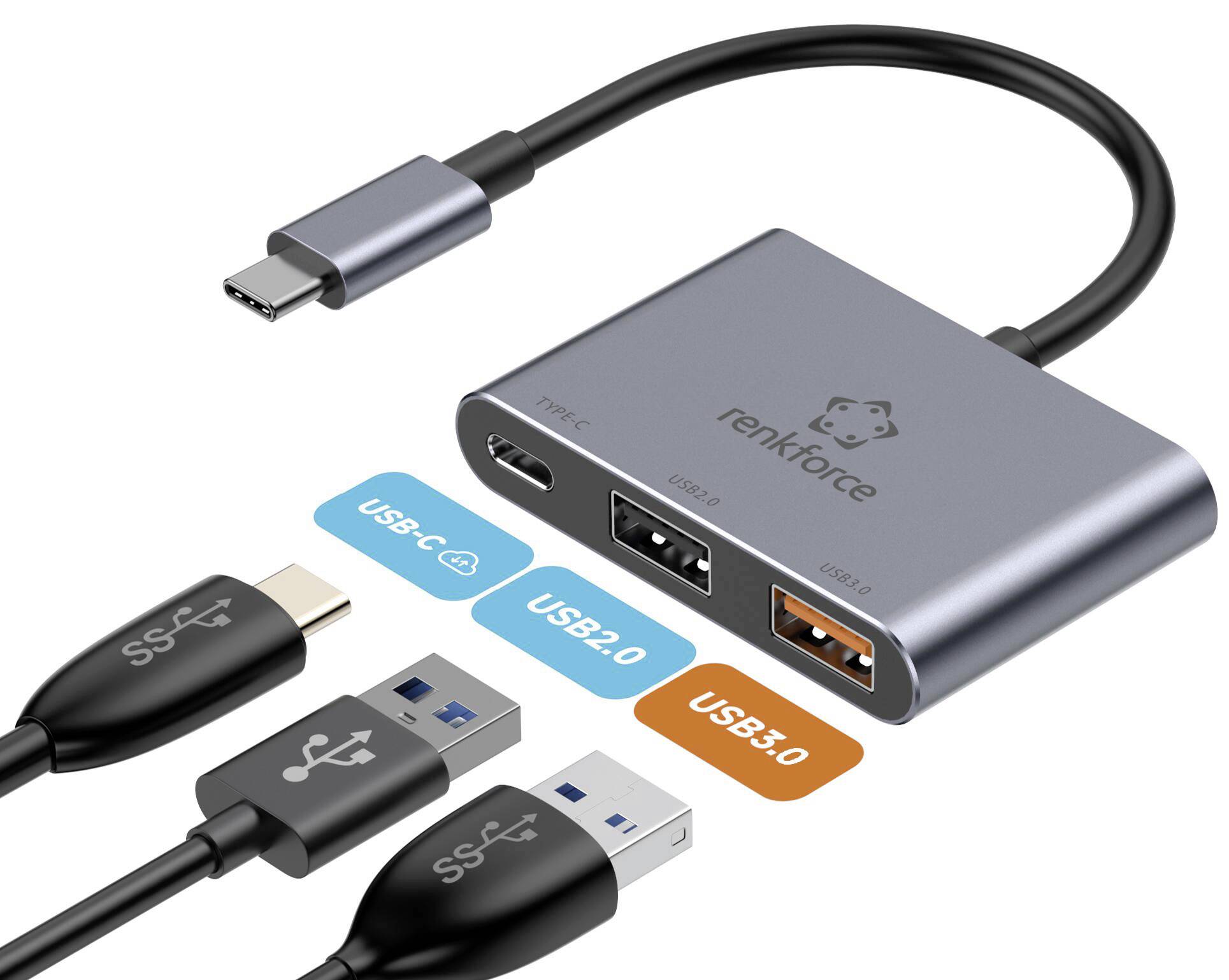 Adapter mit USB-C-Anschluss und drei USB-Ports: USB-C, USB 2.0, USB 3.0. Kompatibel mit verschiedenen Kabeltypen und Geräten.