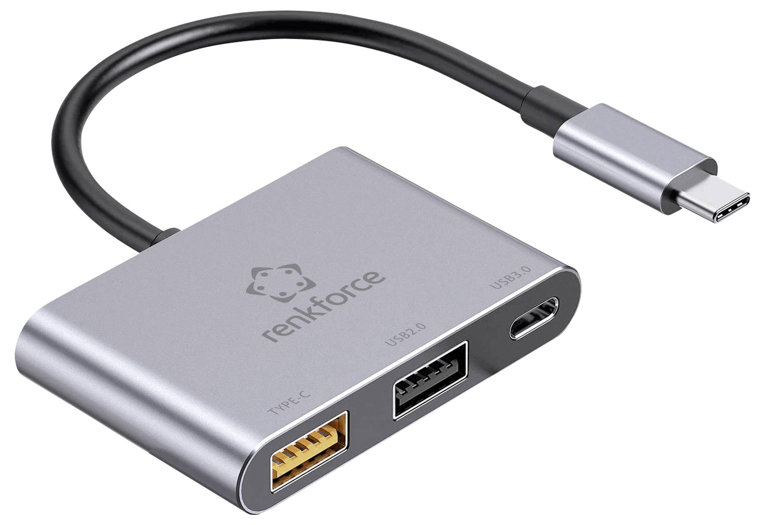 Ein silberner USB-C-Hub mit drei Anschlüssen: USB-C, USB 3.0 und USB 2.0, von der Marke Renkforce.