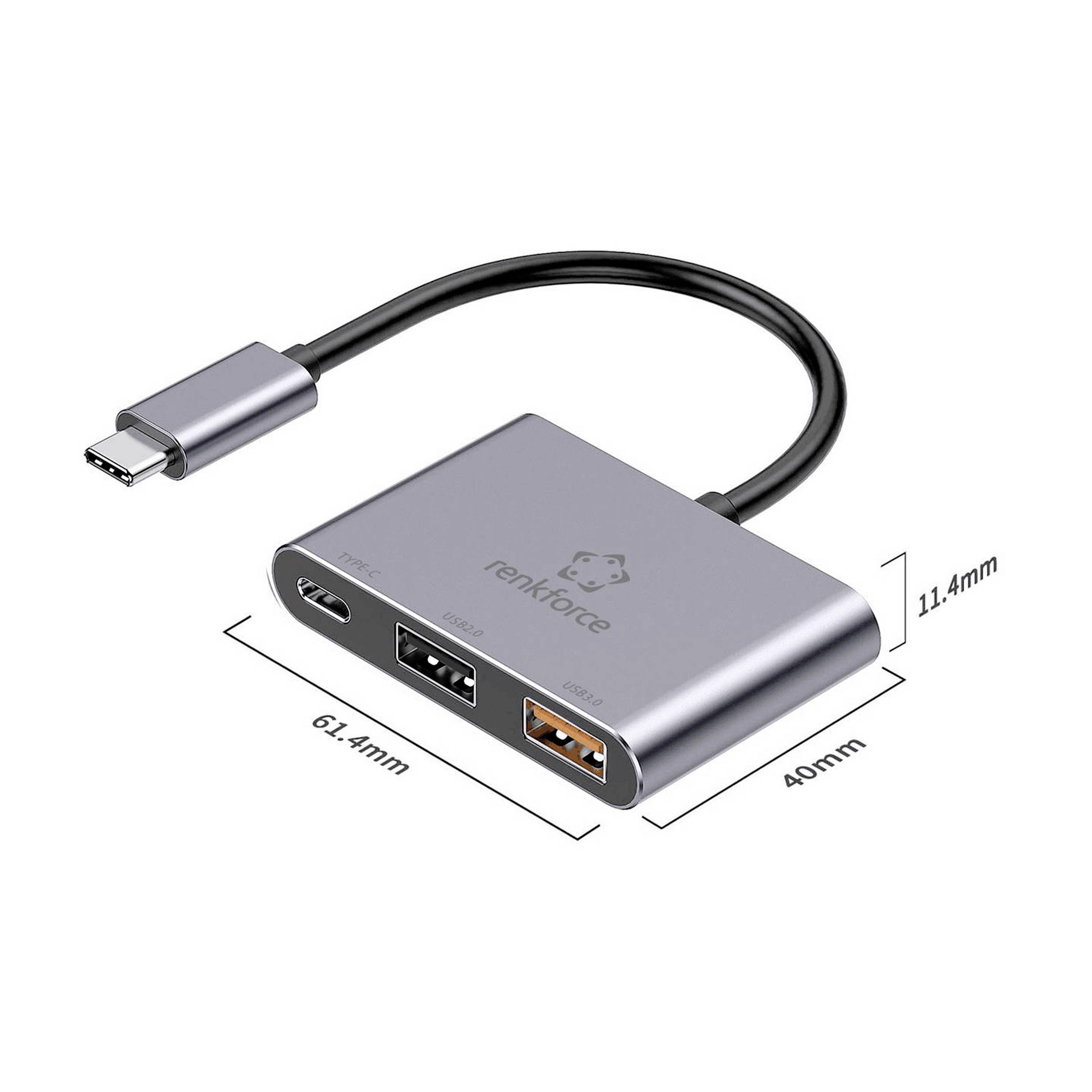 Ein grauer USB-C-Hub mit drei Anschlüssen: HDMI, USB-A 3.0, USB-A 2.0. Maße sind 61,4mm x 40mm x 11,4mm. Kabelanschluss oben links.