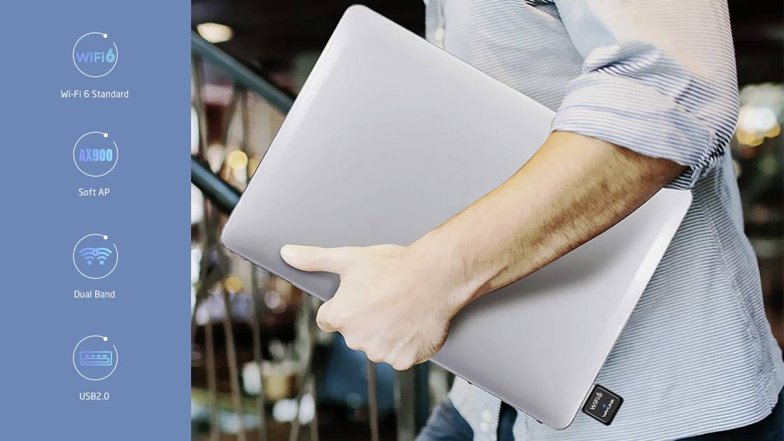 Person trägt einen Laptop. Links im Bild sind Symbole mit den Beschriftungen: Wi-Fi 6, AX3000, Soft AP, Dual Band, USB 2.0.