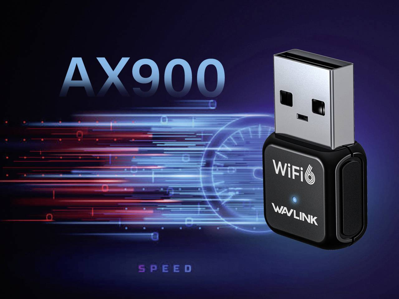 USB-WiFi-6-Adapter von WAVLINK, Modell AX900, dargestellt mit dynamischen, bunten Linien, die Geschwindigkeit symbolisieren.