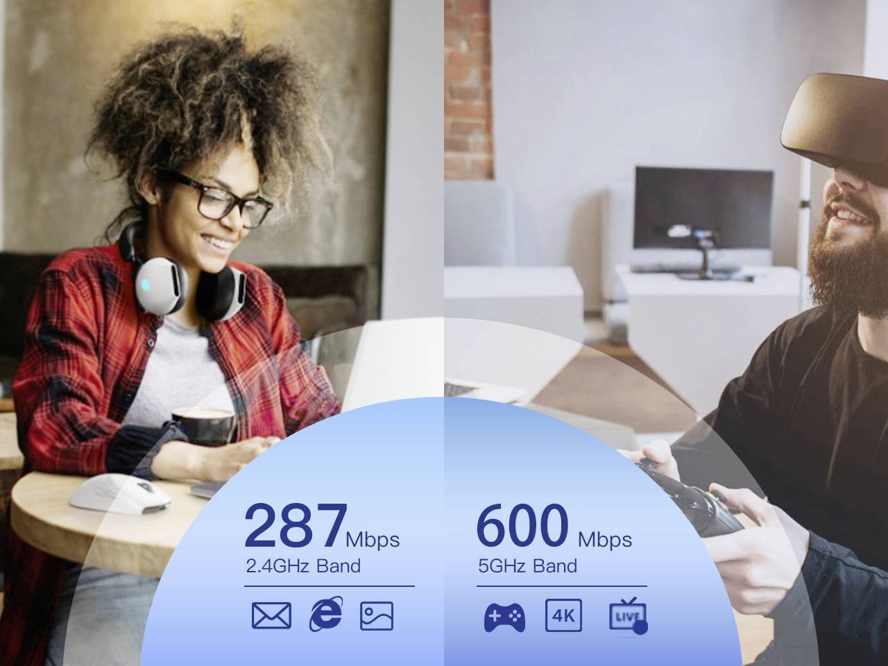 Frau benutzt Laptop mit 2,4GHz WLAN bei 287 Mbps. Mann spielt mit 5GHz WLAN bei 600 Mbps. Symbole zeigen E-Mail, Streaming, Gaming.