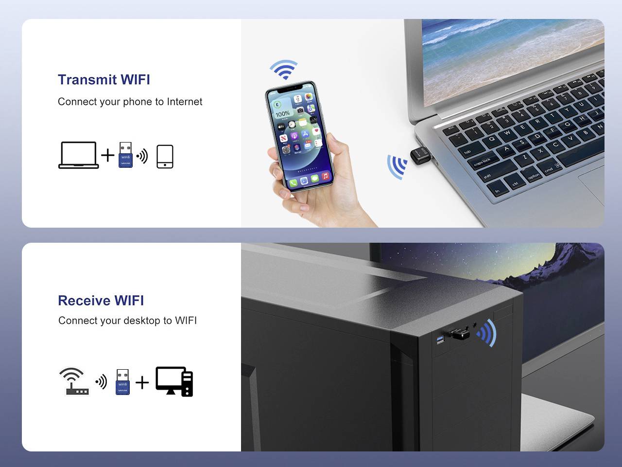 Oben: Ein Smartphone überträgt Internet an einen Laptop. Unten: Ein Desktop-PC empfängt WLAN. Beide Situationen zeigen WLAN-Adapter.