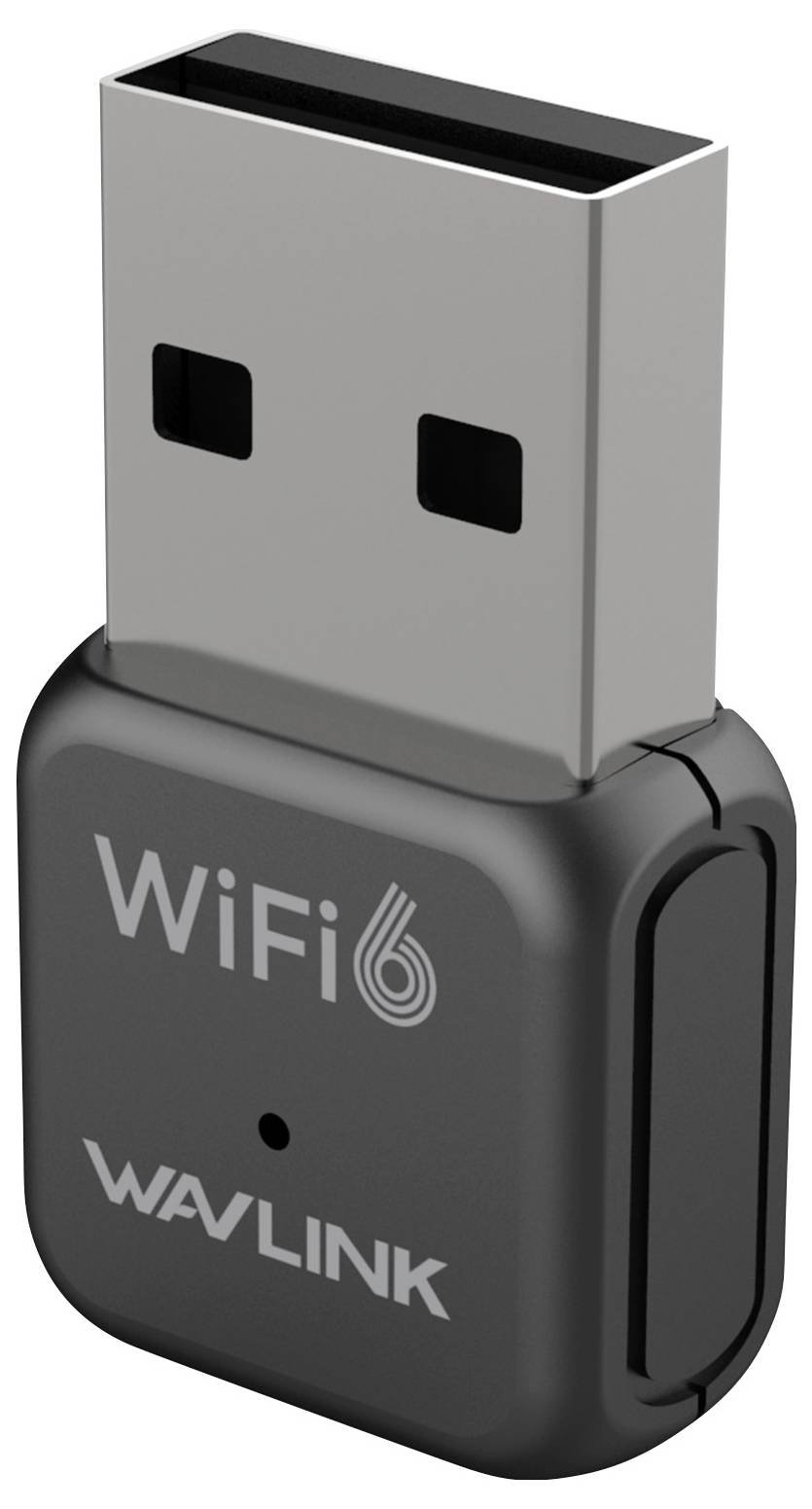 USB-WLAN-Adapter mit Aufschrift 'WiFi 6 WAVLINK', kompakt und grau-schwarz gestaltet.