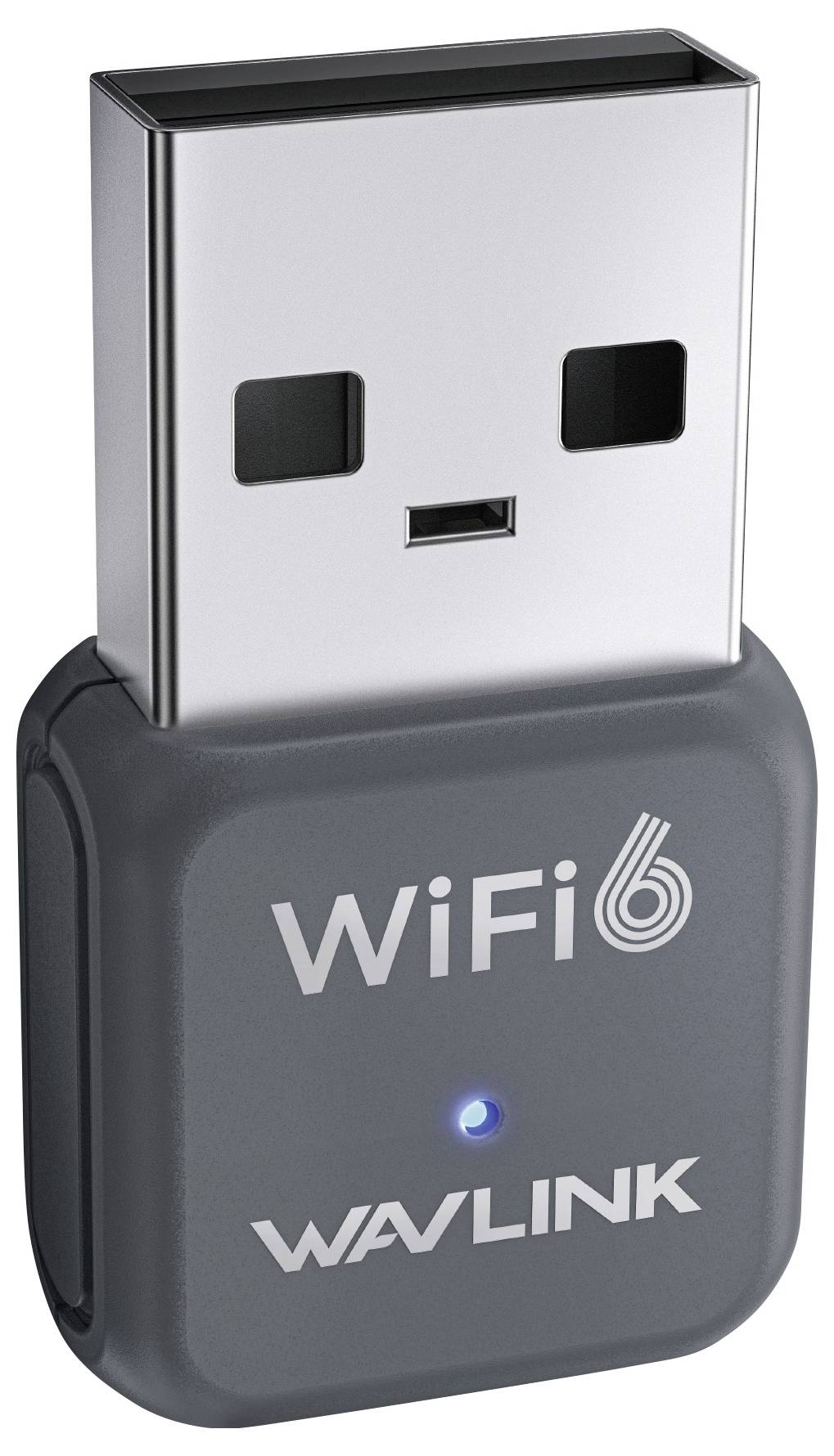 USB-WLAN-Adapter mit der Beschriftung 'WiFi 6' und 'WAVLINK'. Quadratische Form, silberne USB-Kontakte, grauer Körper mit blauem LED-Licht.