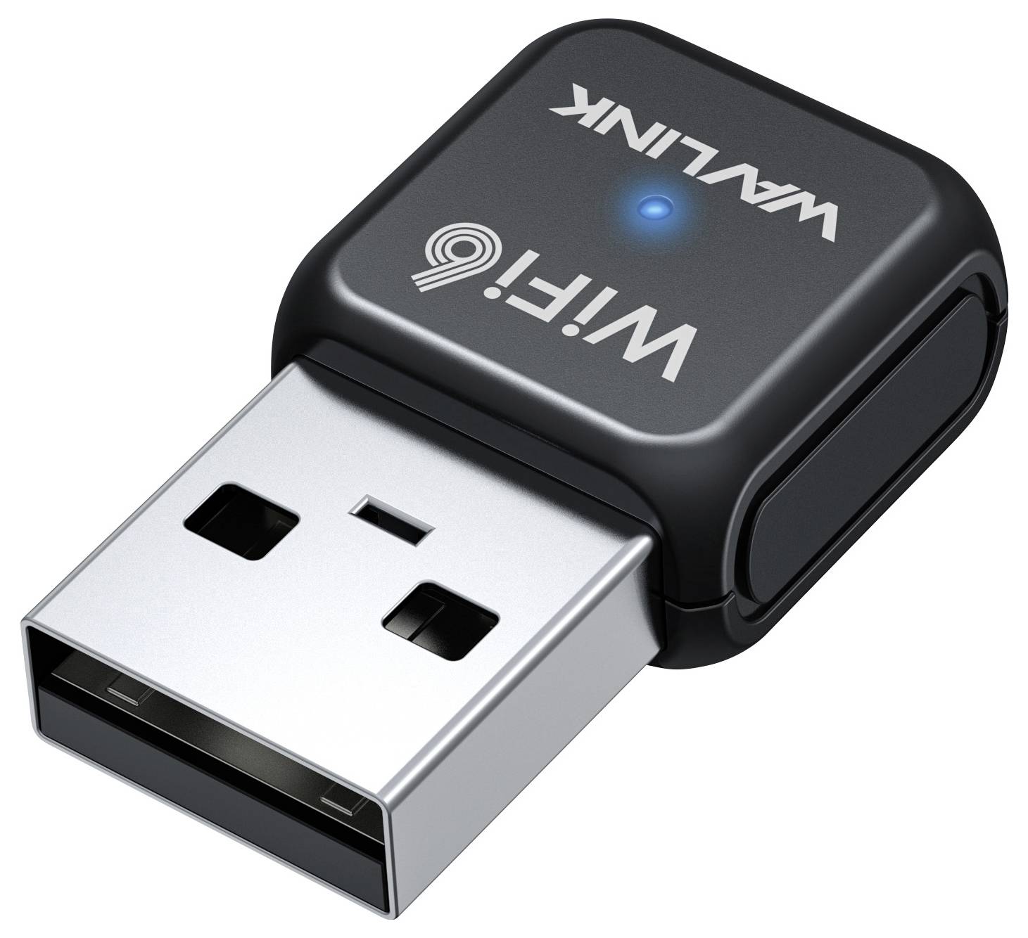 Schwarzer USB-Adapter mit der Aufschrift 'Wi-Fi 6' und leuchtendem blauen Licht.  Er hat das Wavlink-Logo oben.