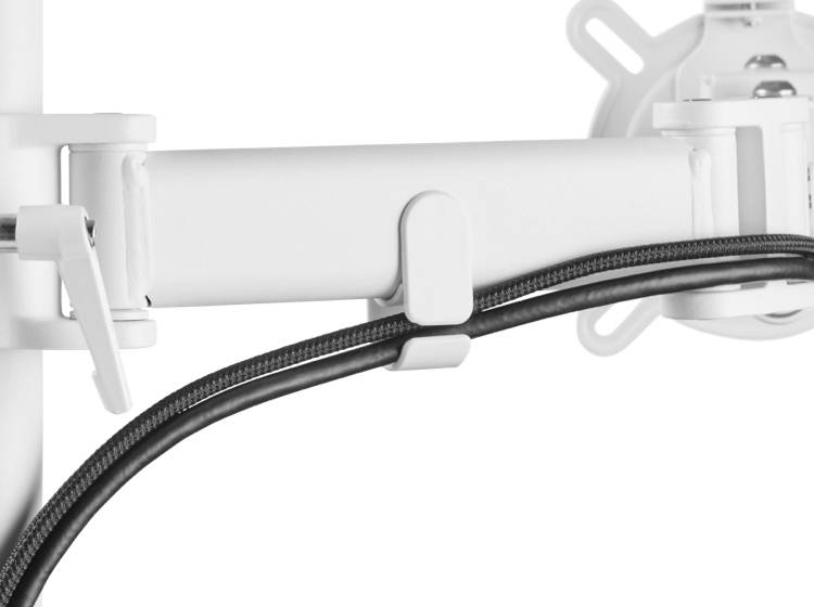 Nahaufnahme eines Kabelmanagement-Clips an einem Schwenkarm. Der Clip hält Kabel ordentlich zusammen, um Kabelsalat zu vermeiden.