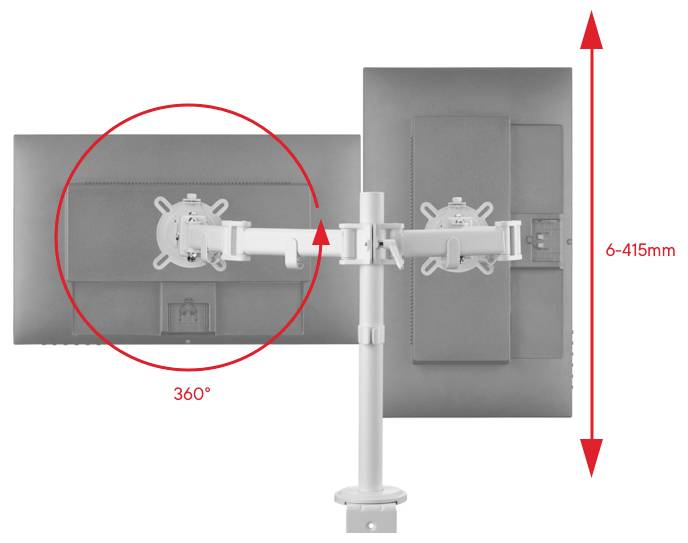 Dual-Monitor-Halterung, links schwenkbar um 360 Grad, rechts in der Höhe verstellbar von 6 mm bis 415 mm.