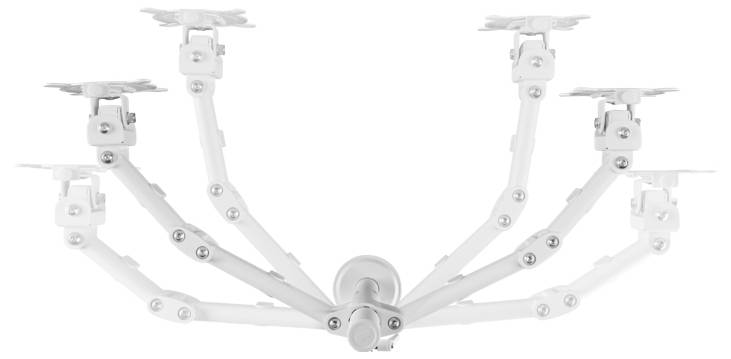 Ein weißes, mehrarmiges Deckenlicht mit verstellbaren Armen, die in verschiedene Richtungen positioniert sind. Modernes Design.