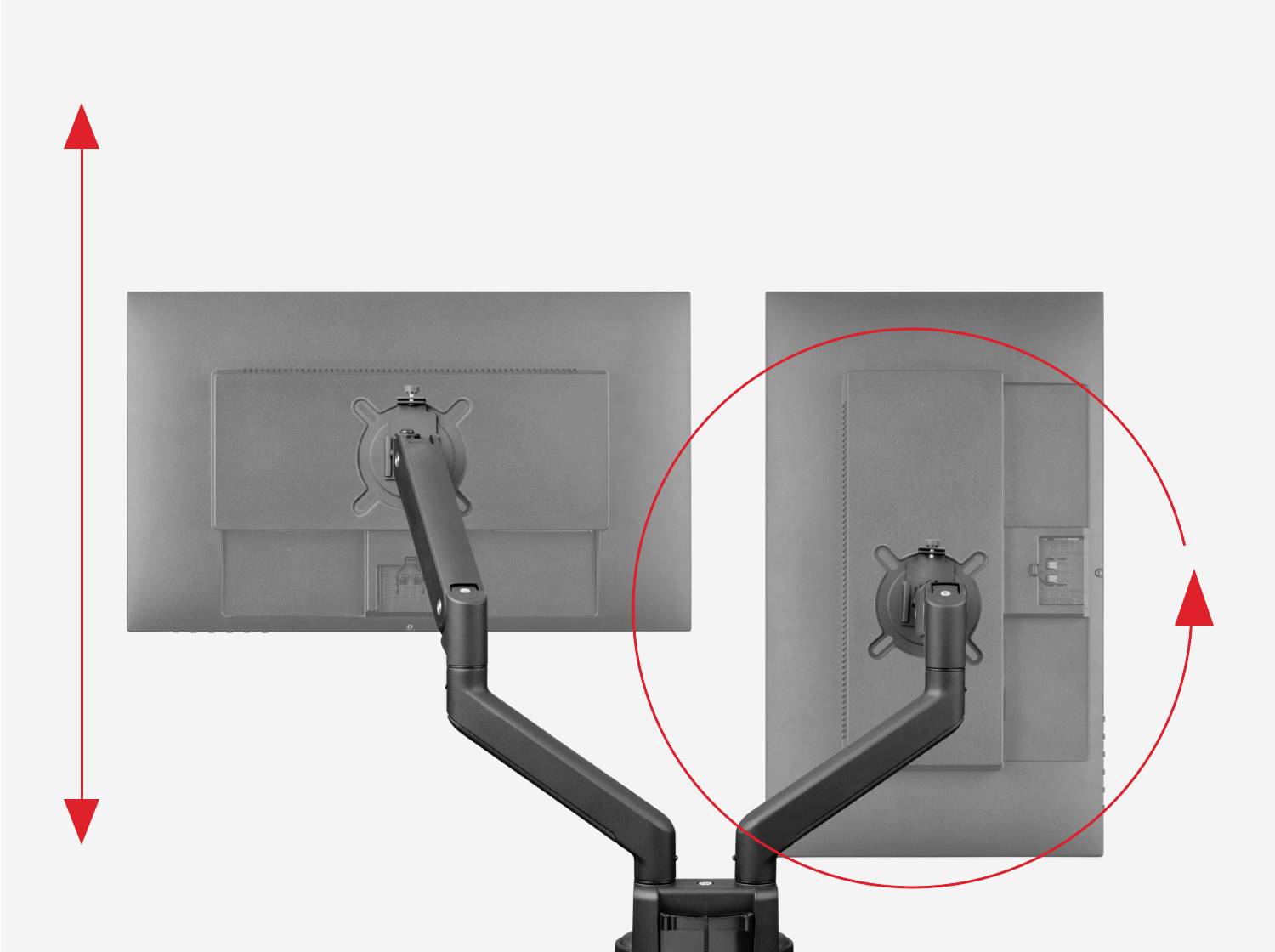 Zwei Computerbildschirme auf verstellbaren Armen; der linke Bildschirm zeigt eine vertikale Ausrichtung, der rechte eine horizontale.