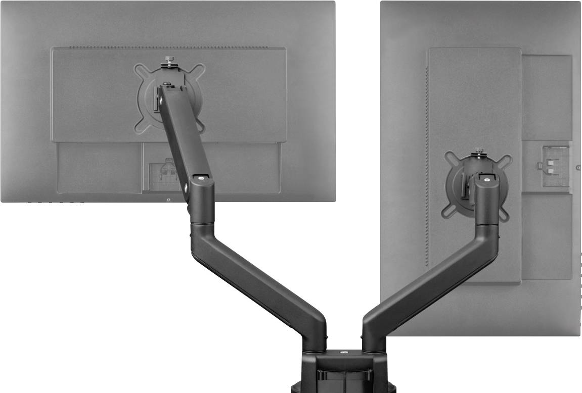 Zwei Monitore an einem doppelten Monitorarm montiert, von hinten gezeigt. Die Arme sind verstellbar und ermöglichen flexible Positionierung.