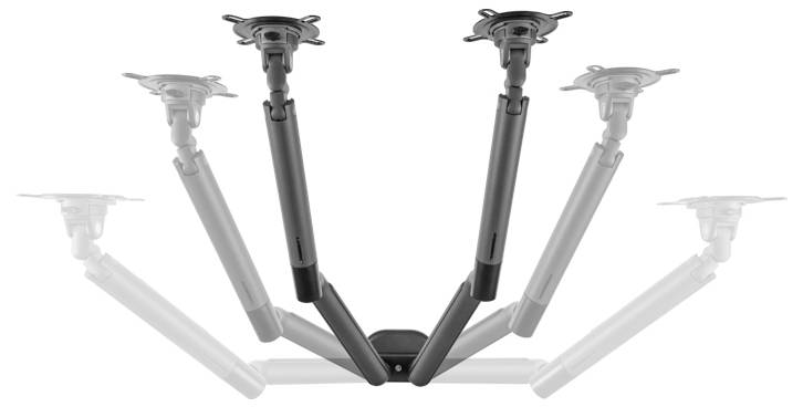 Deckenhalterung für Projektoren mit verstellbaren Armen, die verschiedene Winkel zeigen, kompatibel mit gängigen Projektorgrößen.