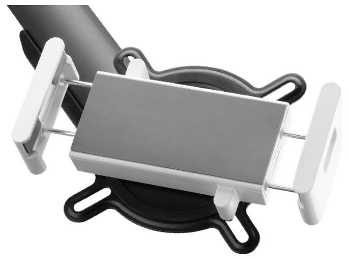 Smartphone-Halterung mit verstellbarem Arm und Vierpunkt-Saugnapf, geeignet für Autoarmaturenbretter.