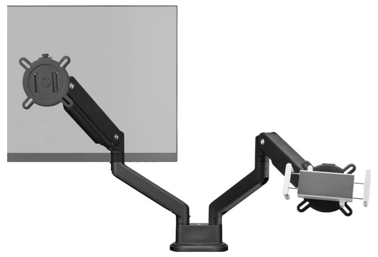 Zwei robuste Monitorhalterungen, die nebeneinander angeordnet sind und flexibel einstellbare Arme haben. Links ist eine Halterung für größere Bildschirme, rechts eine für Tablets.