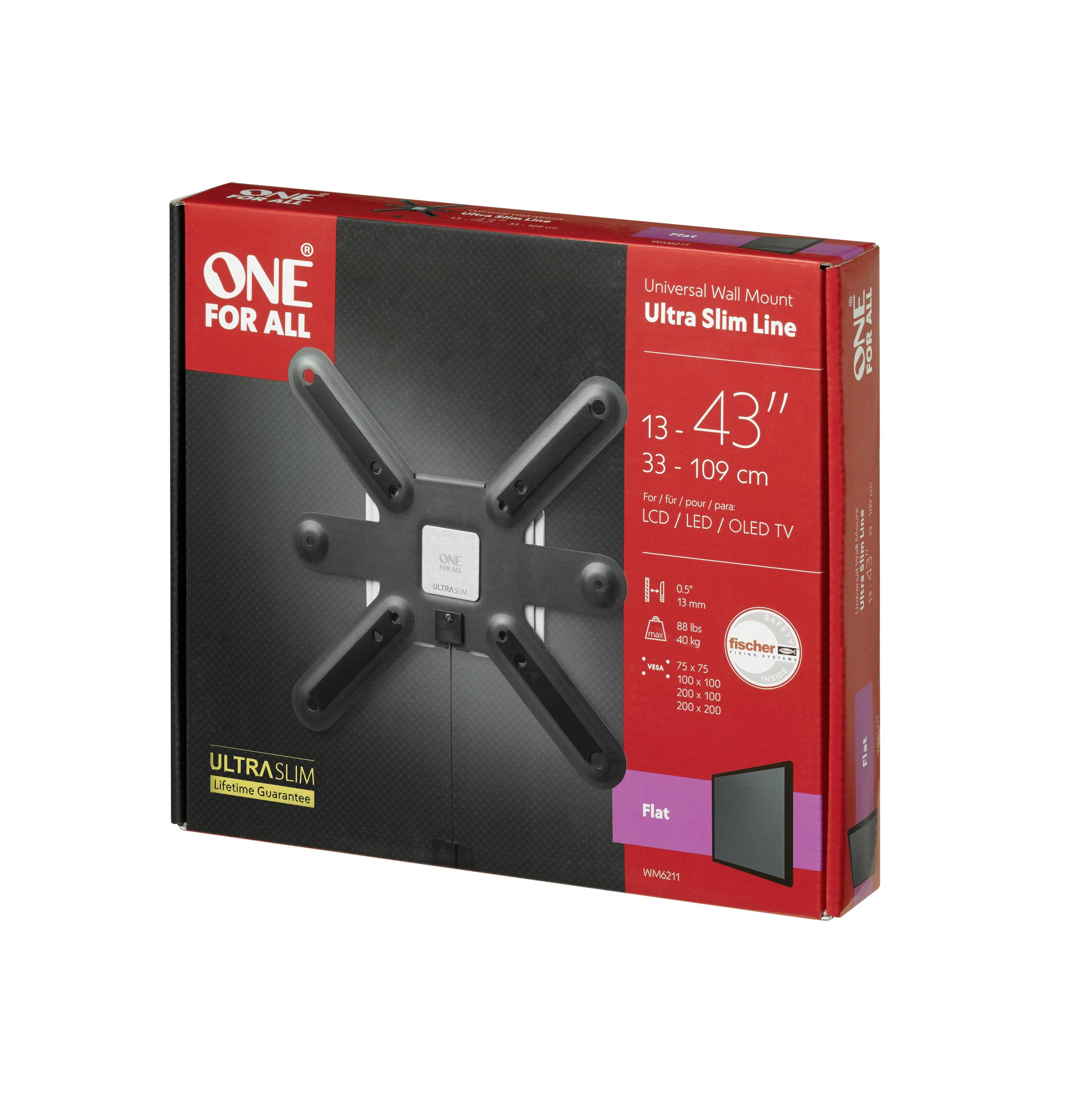 One For All 43" Slim FLAT TV-Wandhalterung 33cm (13") - 109,2cm (43") Starr