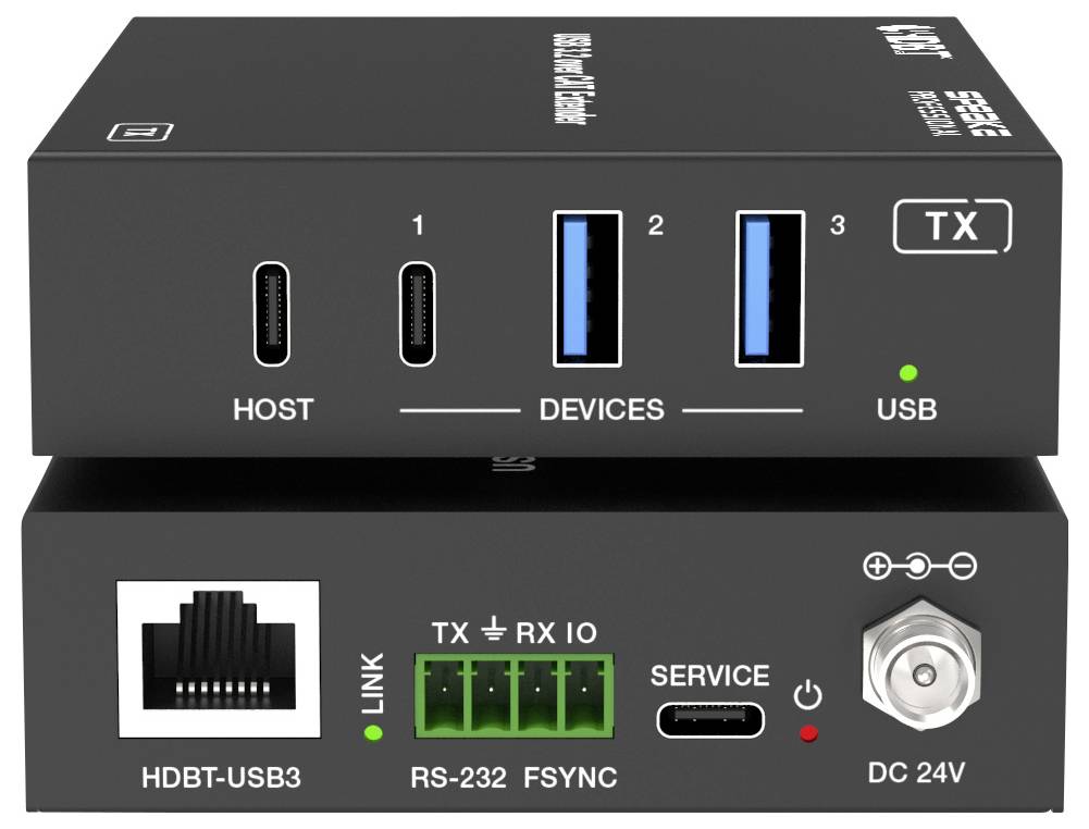 Ein USB-C/USB-3.0 HDMI-Sender mit Anschlüssen für host, Geräte, USB und Netzwerkverbindung. Enthält RS-232-Ports und DC 24V-Eingang.
