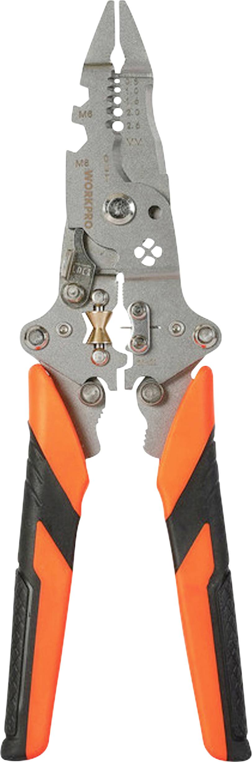 Ein Entmantlungszange aus Metall mit schwarz-orangefarbenen Griffen, geeignet zum Abisolieren und Schneiden von Drähten.