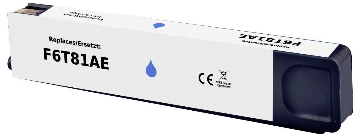 Eine Ersatz-Tintenkassette mit der Modellnummer 'F6T81AE', versehen mit einem blauen Tintentropfen-Symbol und Zertifizierungssymbolen.