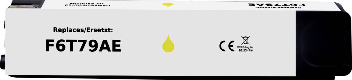 Tintenpatrone mit der Aufschrift 'Ersetzt/Replaces: F6T79AE' für einen Drucker, mit einem gelben Tropfensymbol. Enthält CE- und Recycling-Symbole.