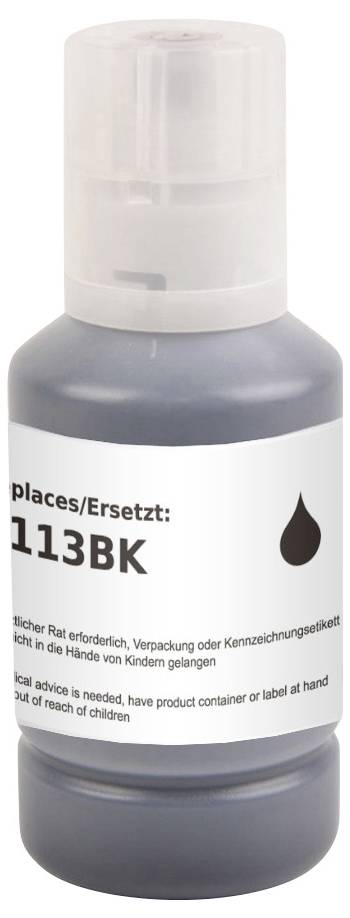 Tintenflasche mit Etikett 113BK, schwarzes Tropfen-Symbol. Text auf Deutsch: Verpackung oder Kennzeichnung erforderlich, vor Kindern fernhalten.