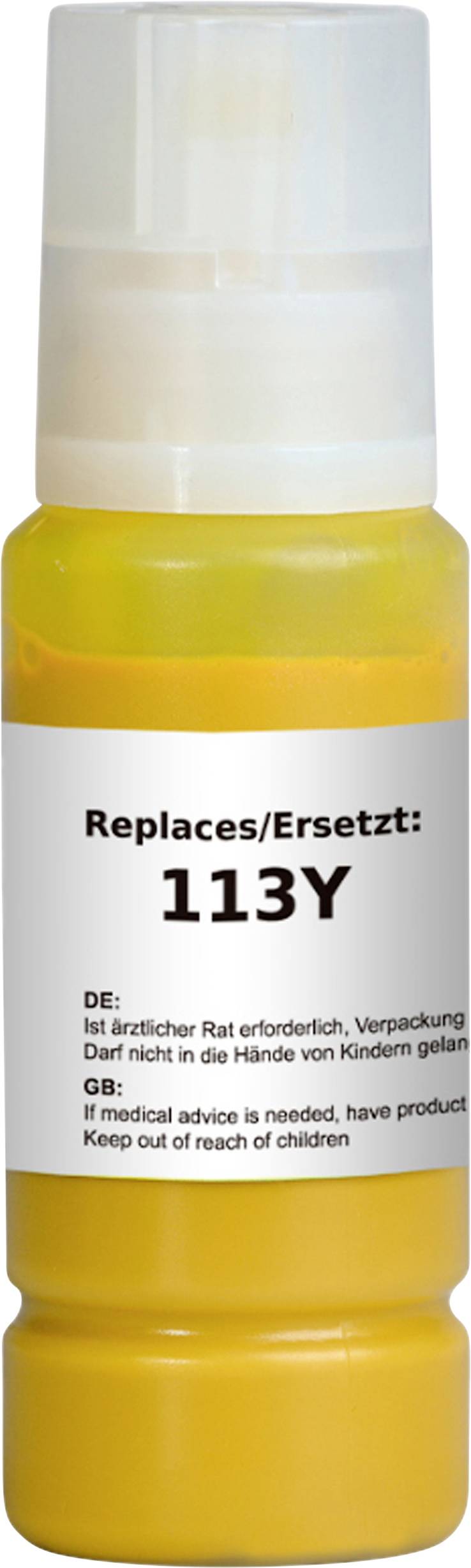 Gelbe Flasche mit Etikett 'Replaces/Ersetzt: 113Y'. Deutsche und englische Sicherheitshinweise raten davon ab, das Produkt Kindern auszusetzen und empfehlen bei Bedarf ärztlichen Rat einzuholen.