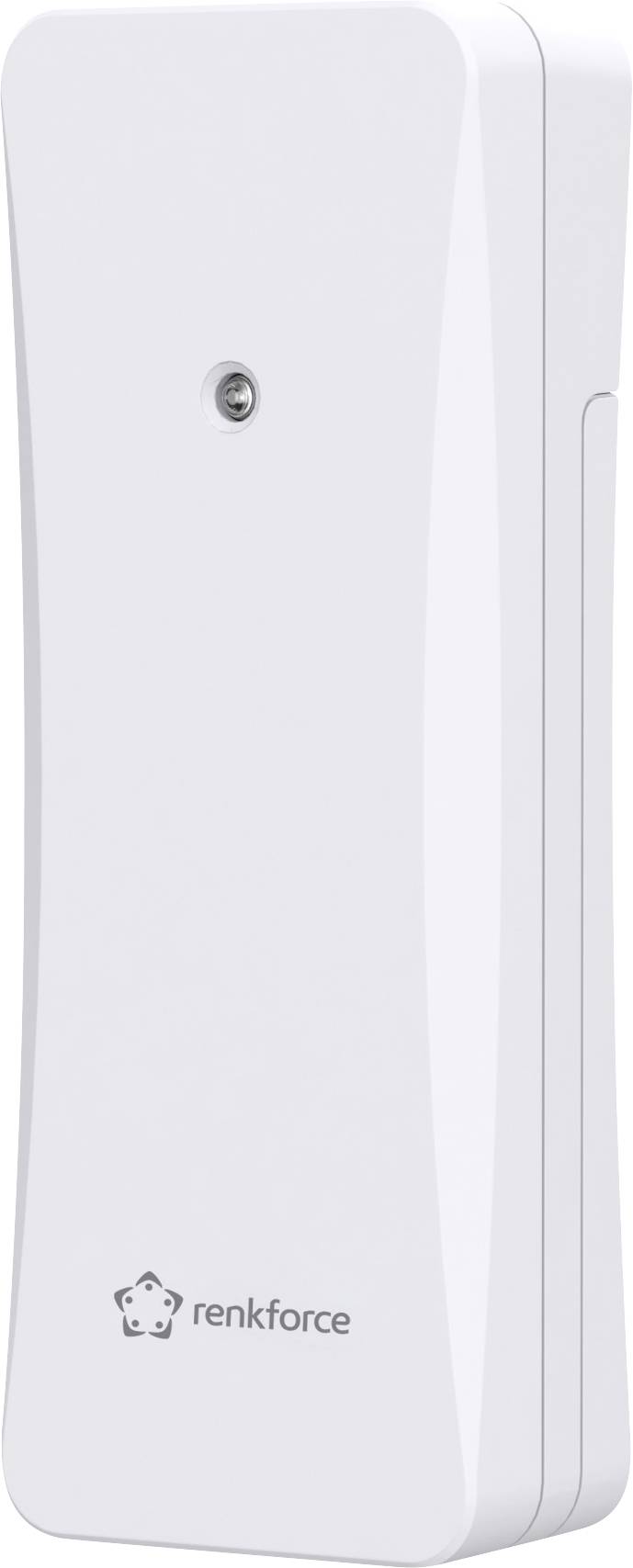 Ein weißer, rechteckiger Feuchtigkeitssensor mit einem kleinen Loch in der Mitte und dem Logo 'renkforce' unten links.