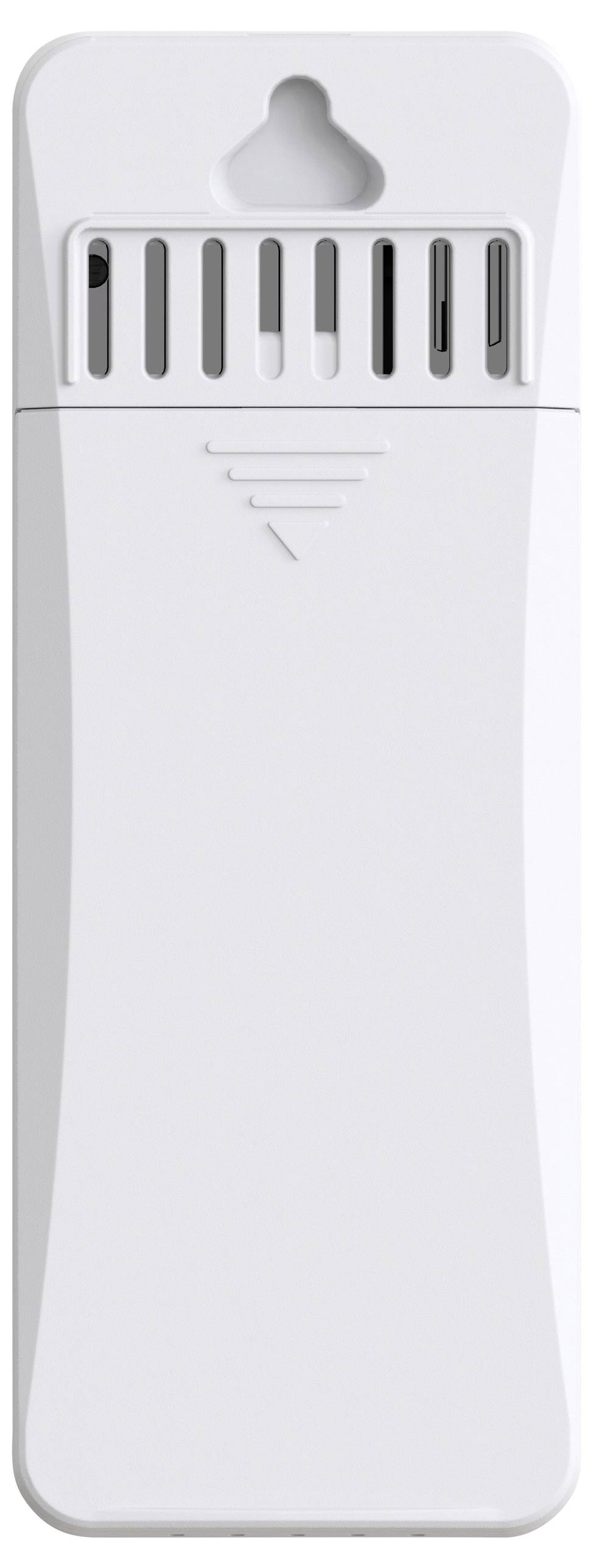 Ein weißes, vertikales Gerät mit Lüftungsschlitzen und abgerundeten Kanten. Oben eine Öffnung zur Wandbefestigung.