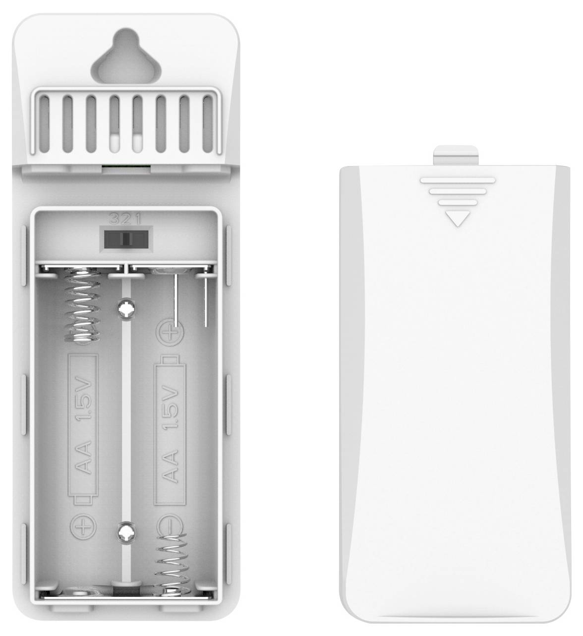 Zwei Teile eines Batteriefachs. Links das offene Fach für zwei AA-Batterien, rechts die Abdeckung mit einem Pfeil zur Montage.